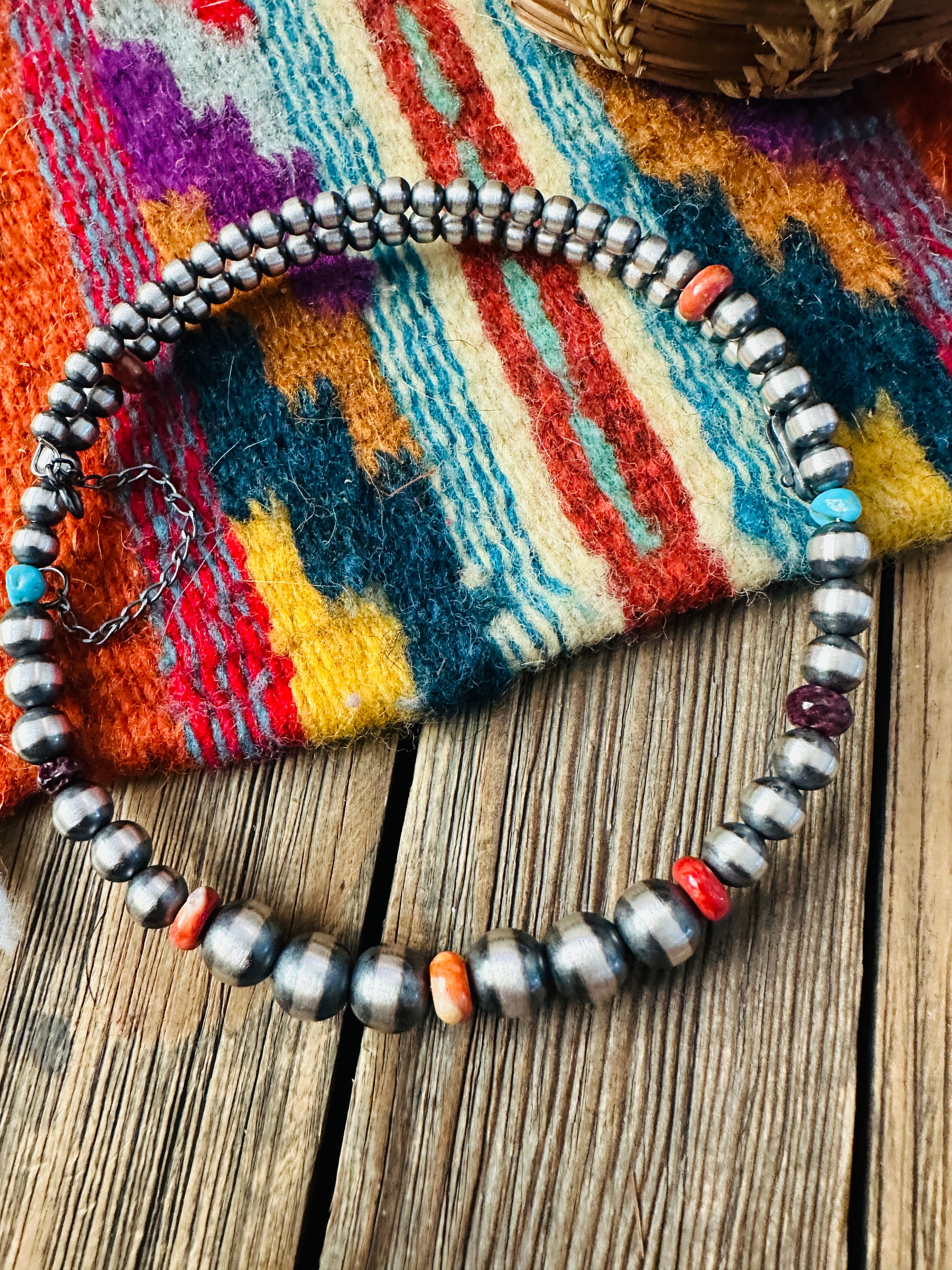 Handcrafted Turquoise, Spiny & Sterling Silver Beaded Wrap Choker Necklace