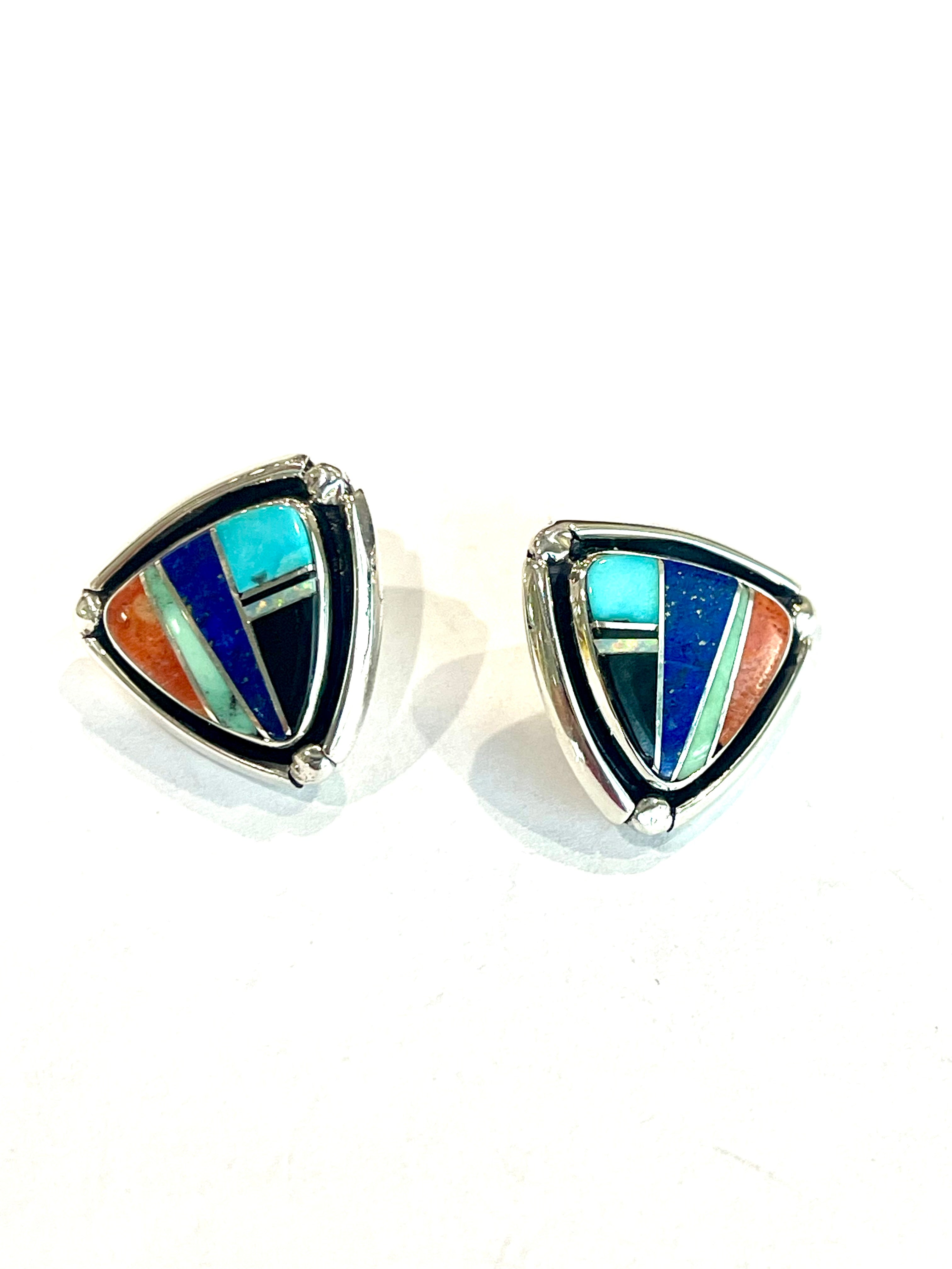 Navajo Multi Stone & Sterling Silver Inlay Post Earrings