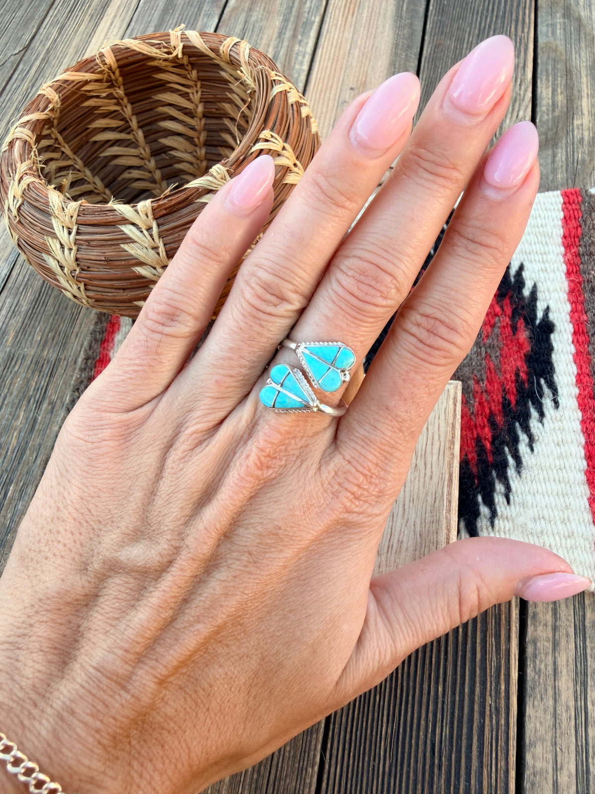 Handcrafted Turquoise & Sterling Silver Inlay Heart Adjustable Ring