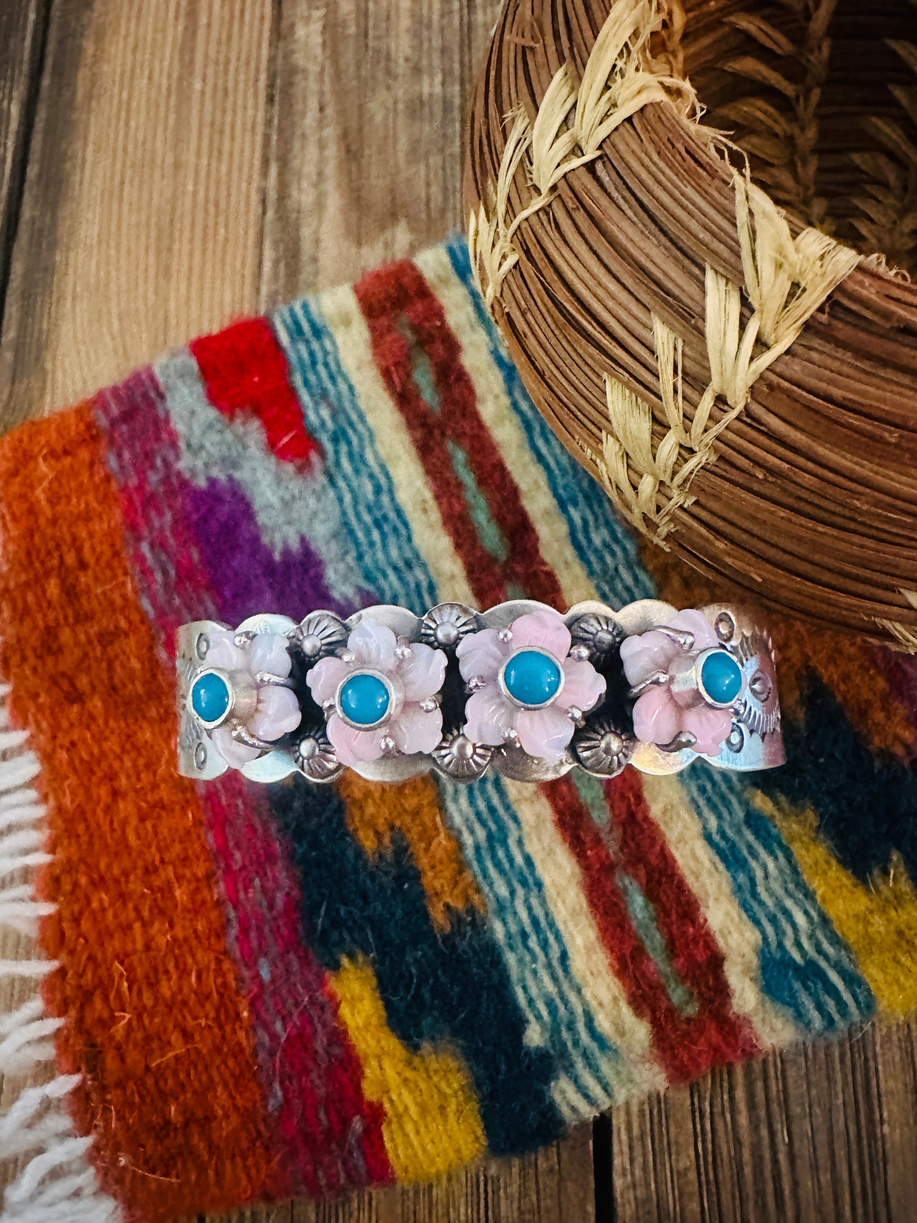 Handcrafted Queen Pink Conch, Turquoise & Sterling Silver Flower Cuff Bracelet