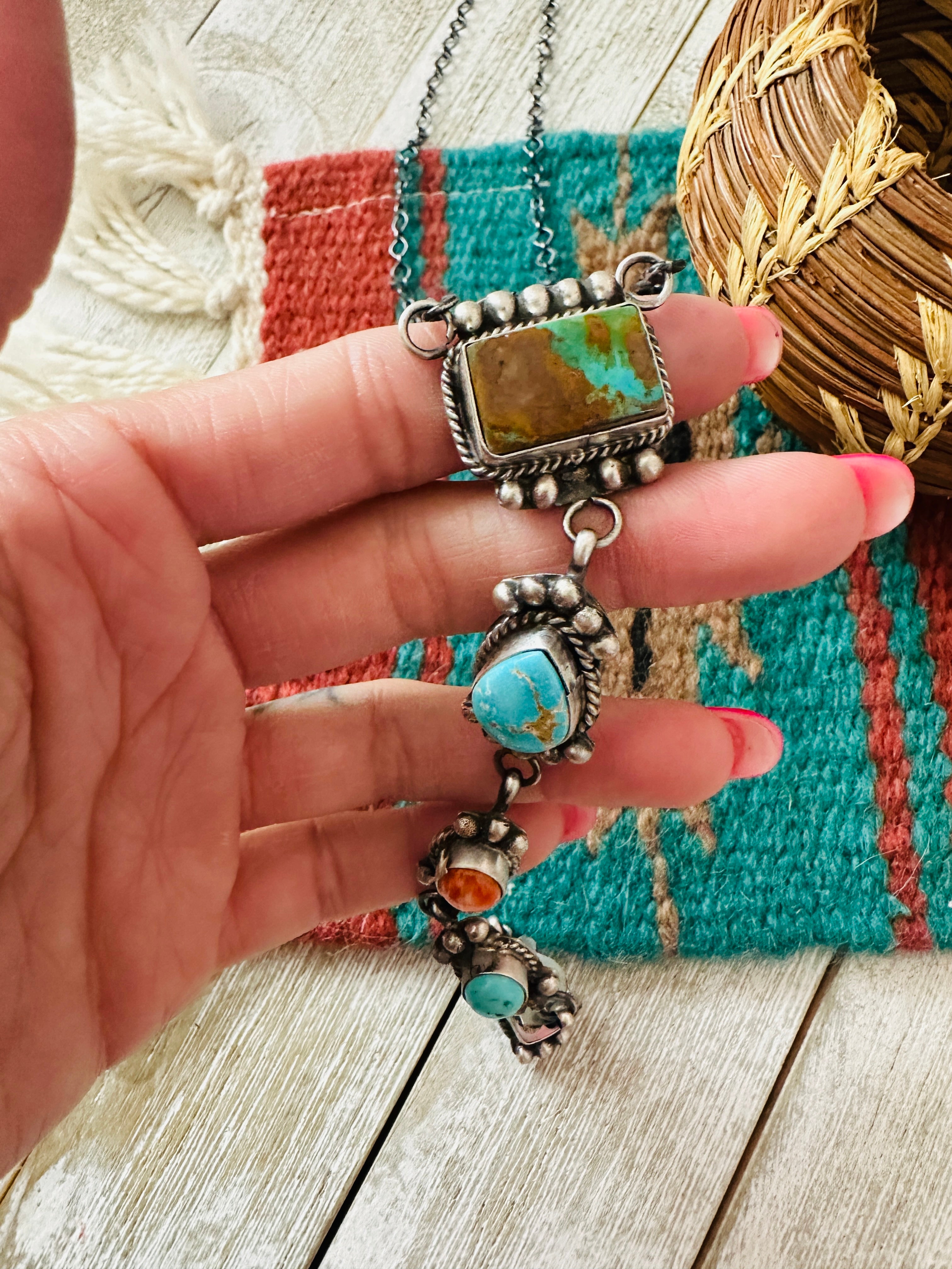 Handcrafted Sterling Silver & Multi Stone Lariat Necklace