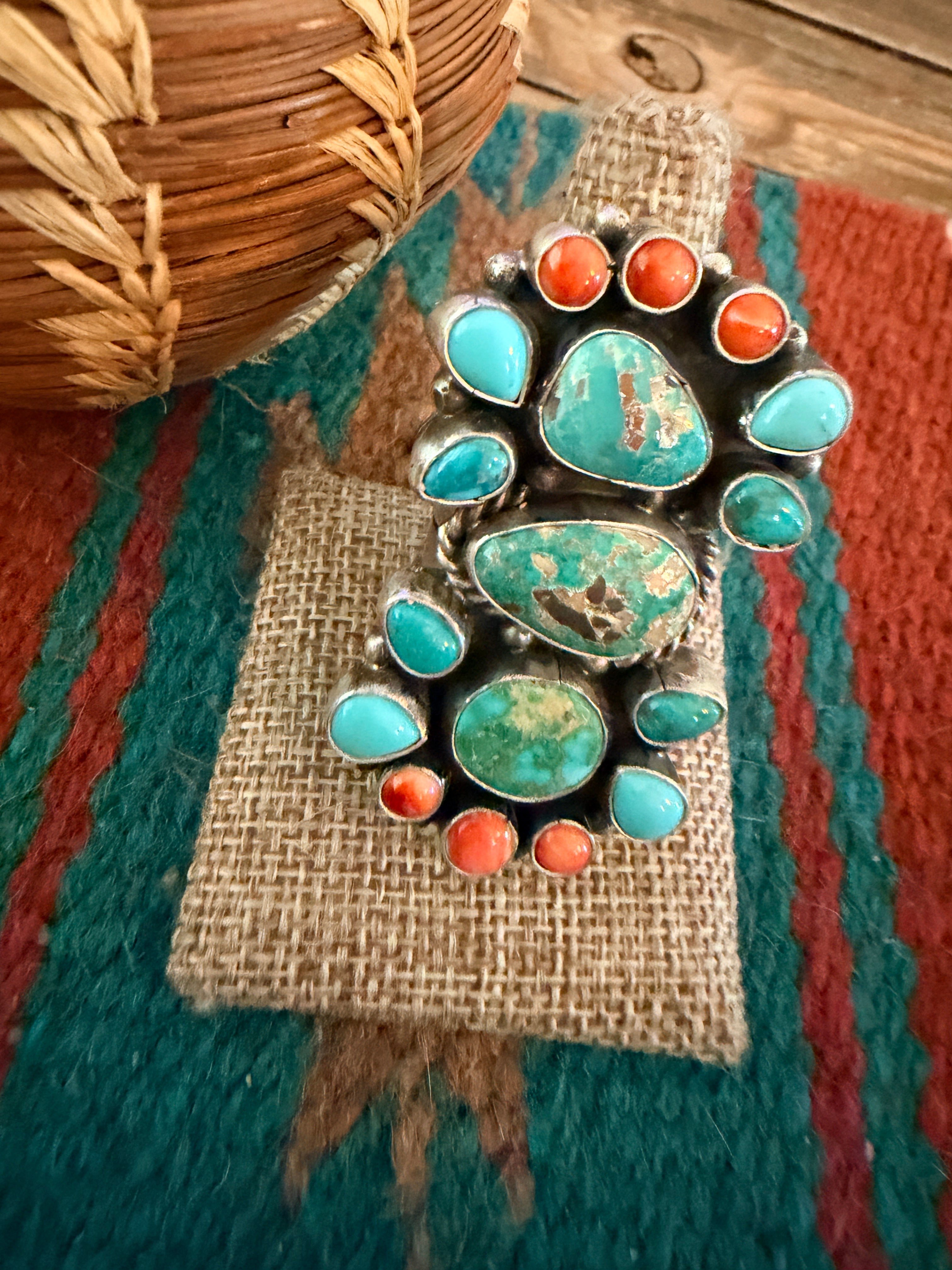 Handcrafted Spiny Oyster, Turquoise & Sterling Silver Cluster Ring by Sheila Becenti Size 9