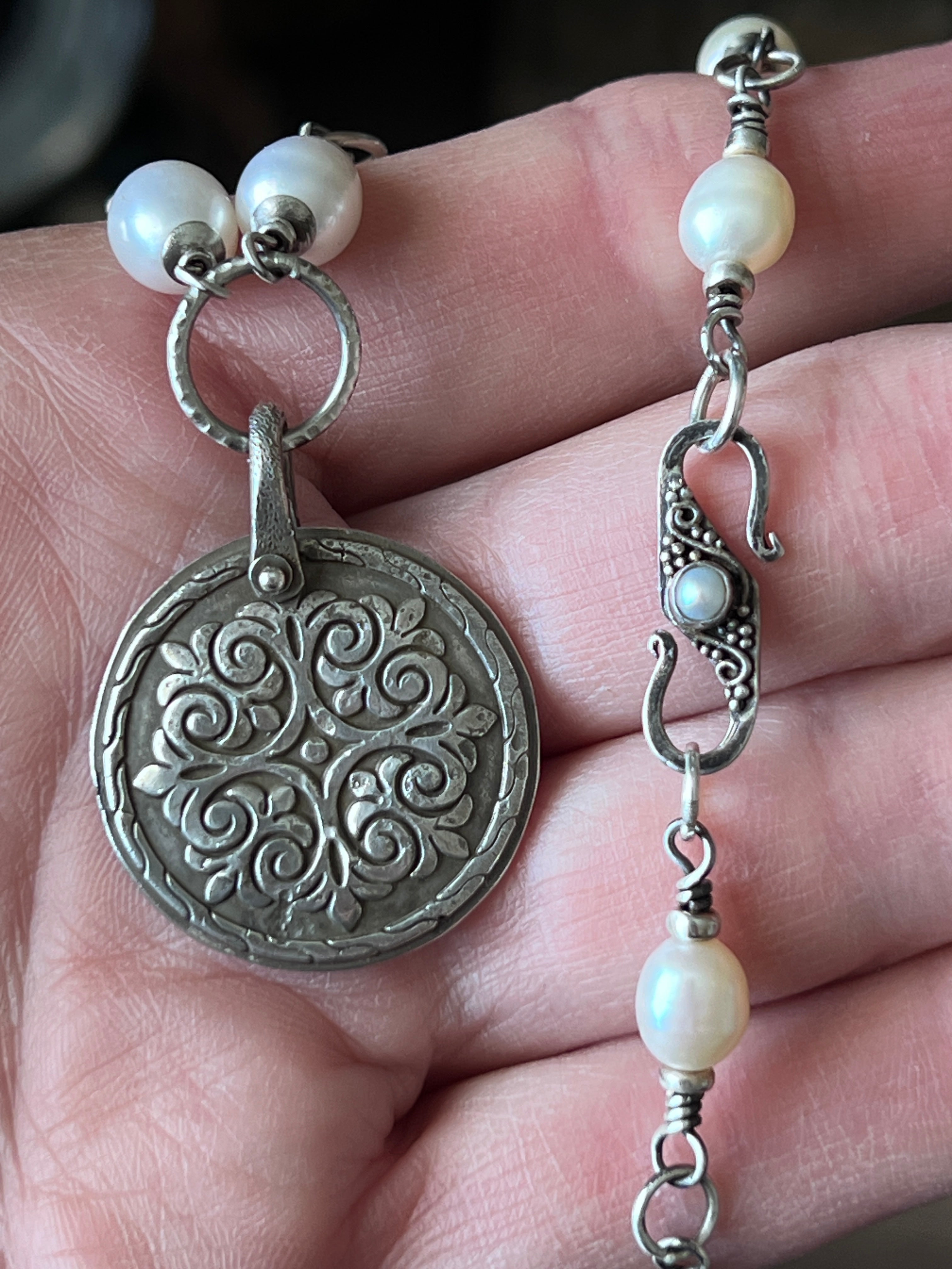 Tularosa Rosary Style Sterling Silver and Freshwater Pearl Siren’s Song Relic Coin Beaded Necklace