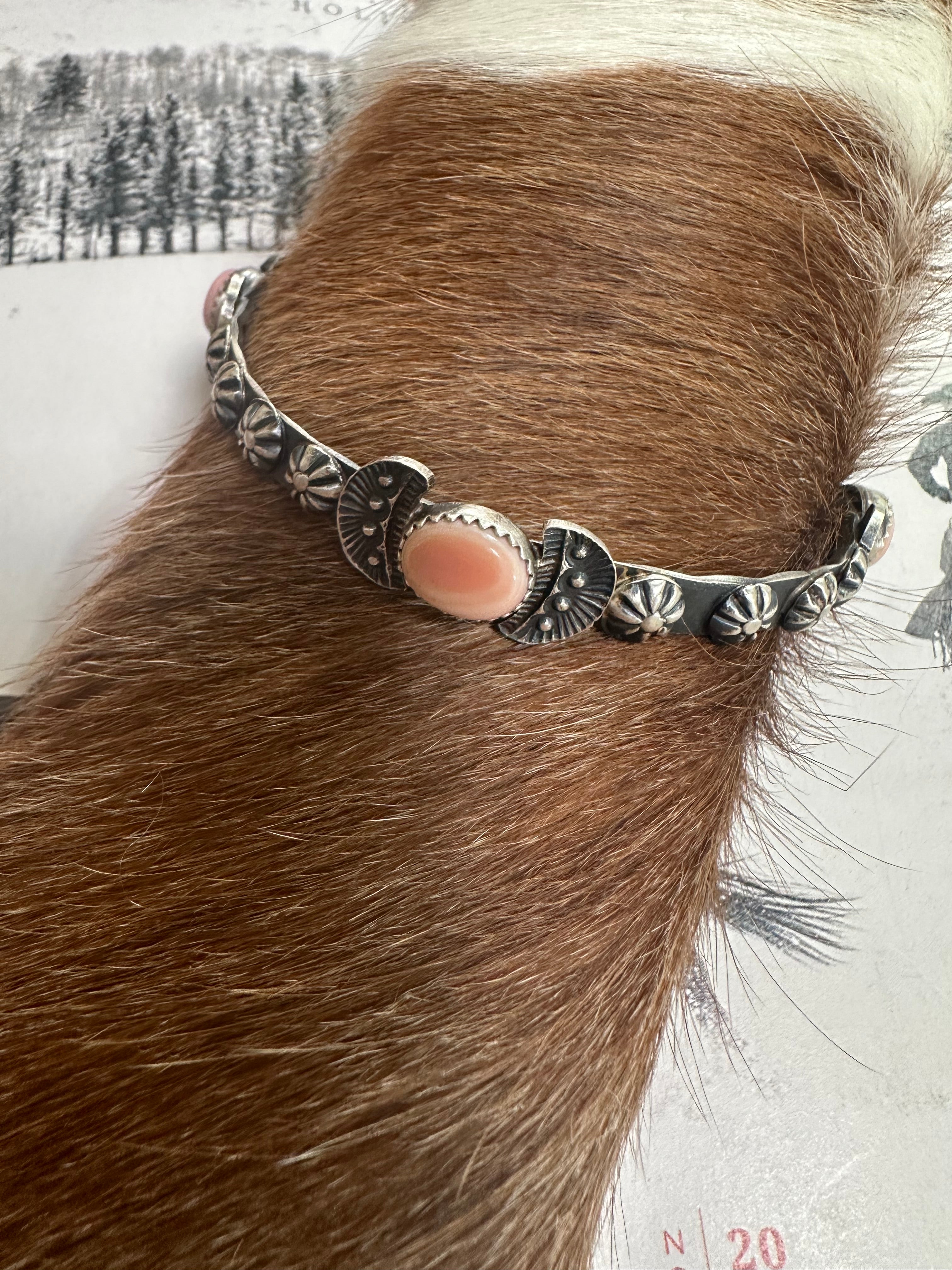 Handcrafted Queen Pink Conch Shell & Sterling Silver Bangle Bracelet Signed Kevin Billah