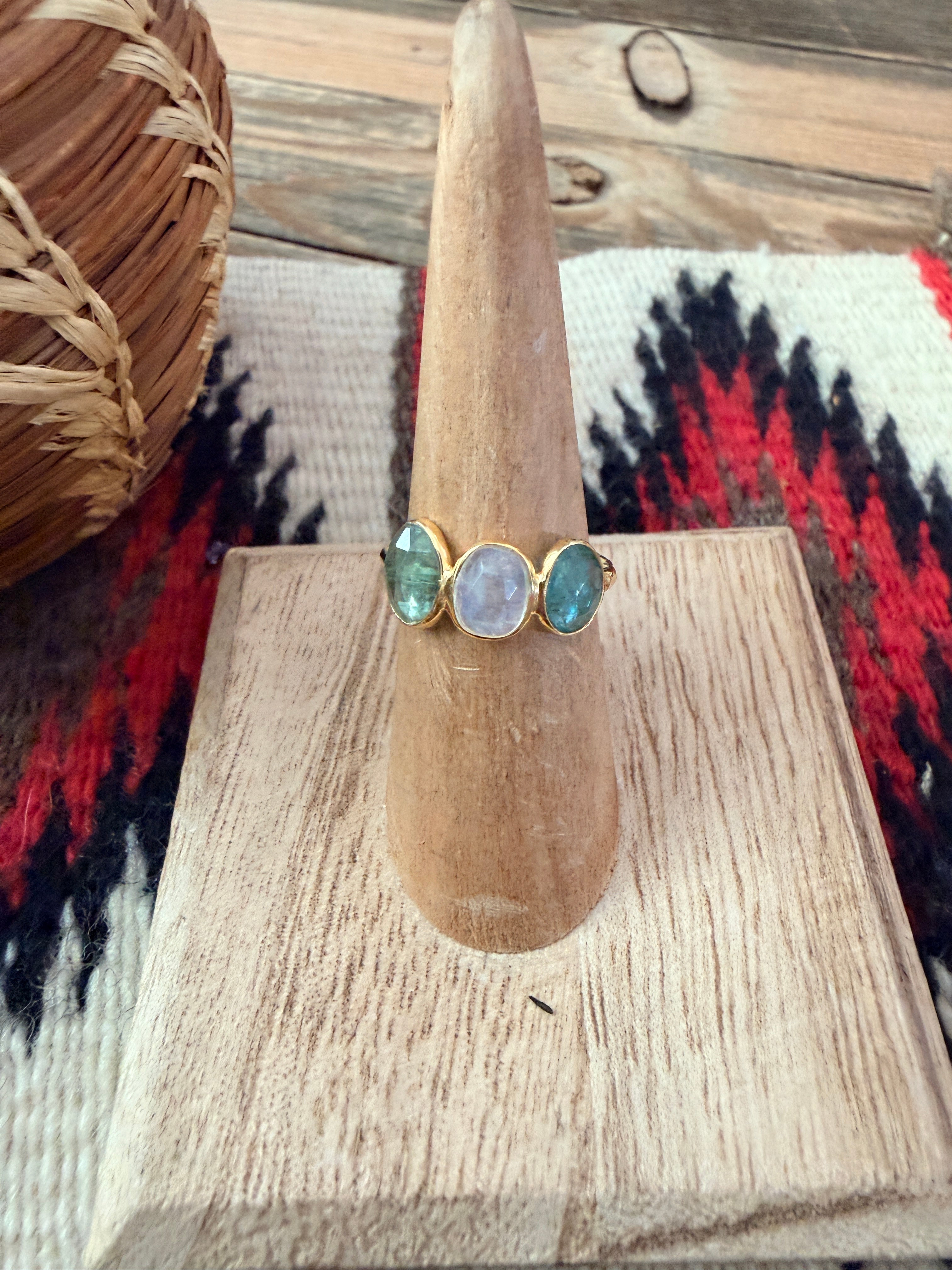 Handmade 18K Gold Vermeil Sterling Silver & Multi Stone Ring Size 6