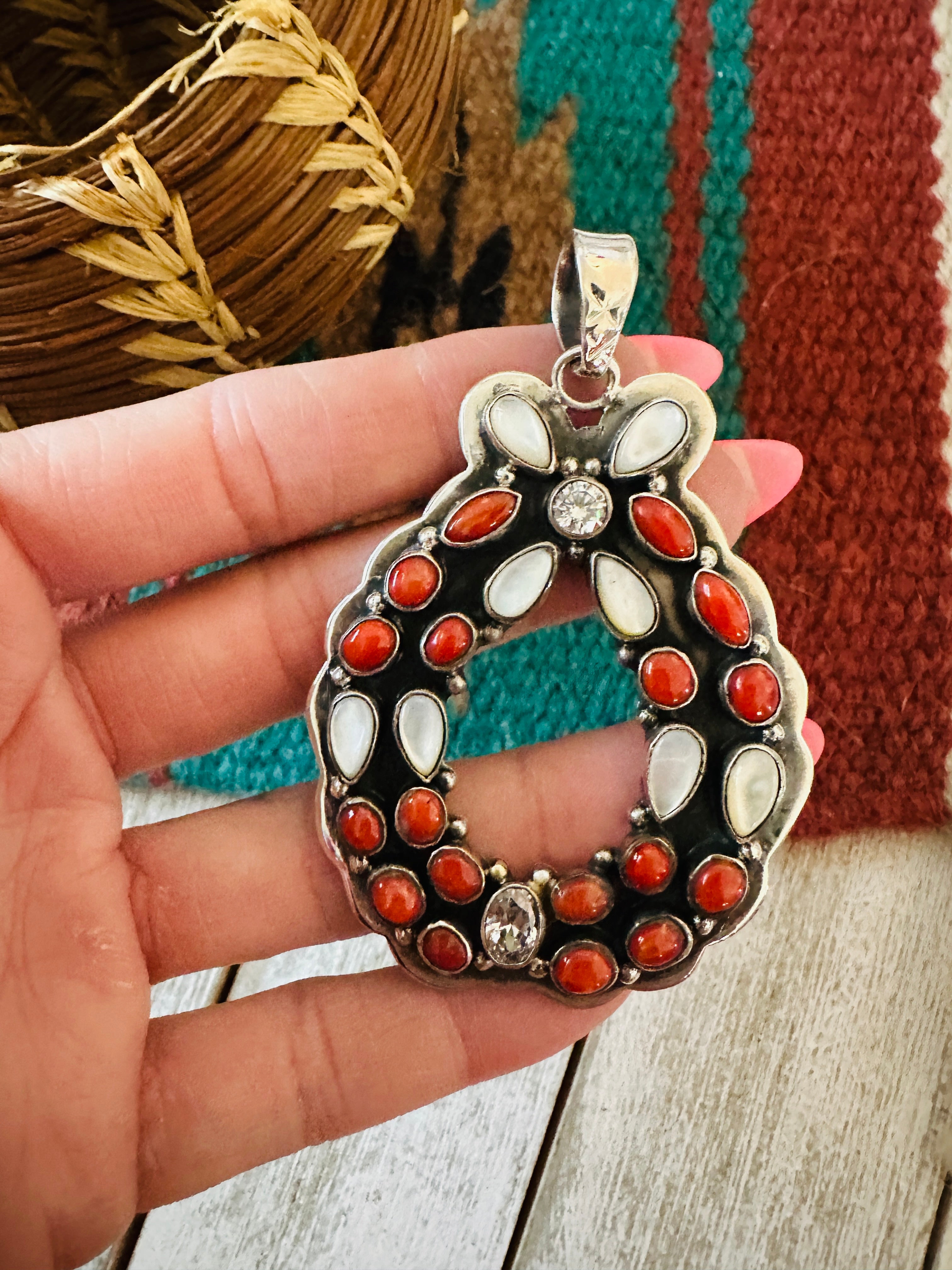 ** Christmas Collection ** Handmade Sterling Silver, Coral, Mother of Pearl & CZ Wreath Pendant Signed Nizhoni