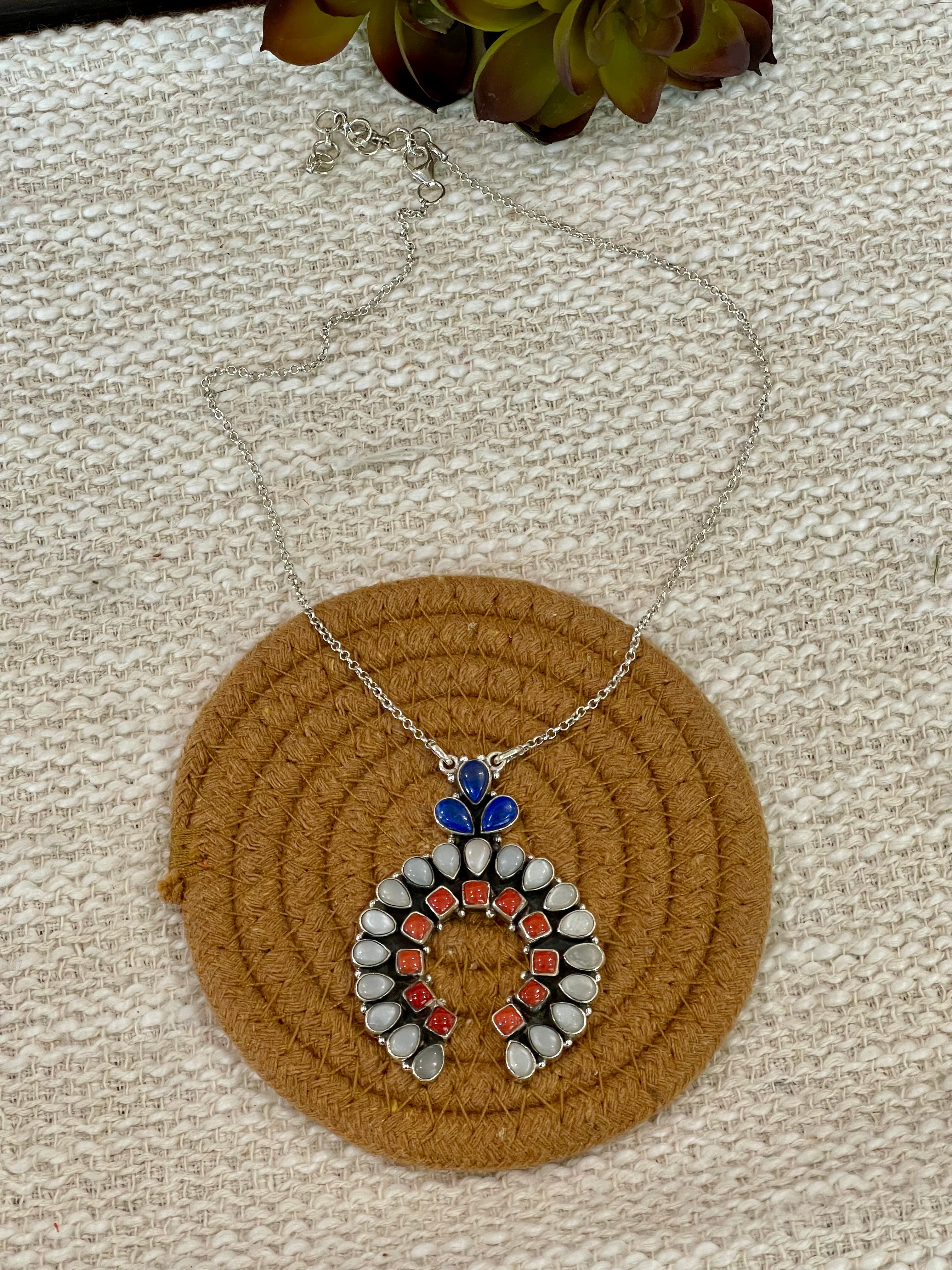 ** 4TH OF JULY ** Handmade Sterling Silver Synthetic Opal Necklace with Signed Nizhoni