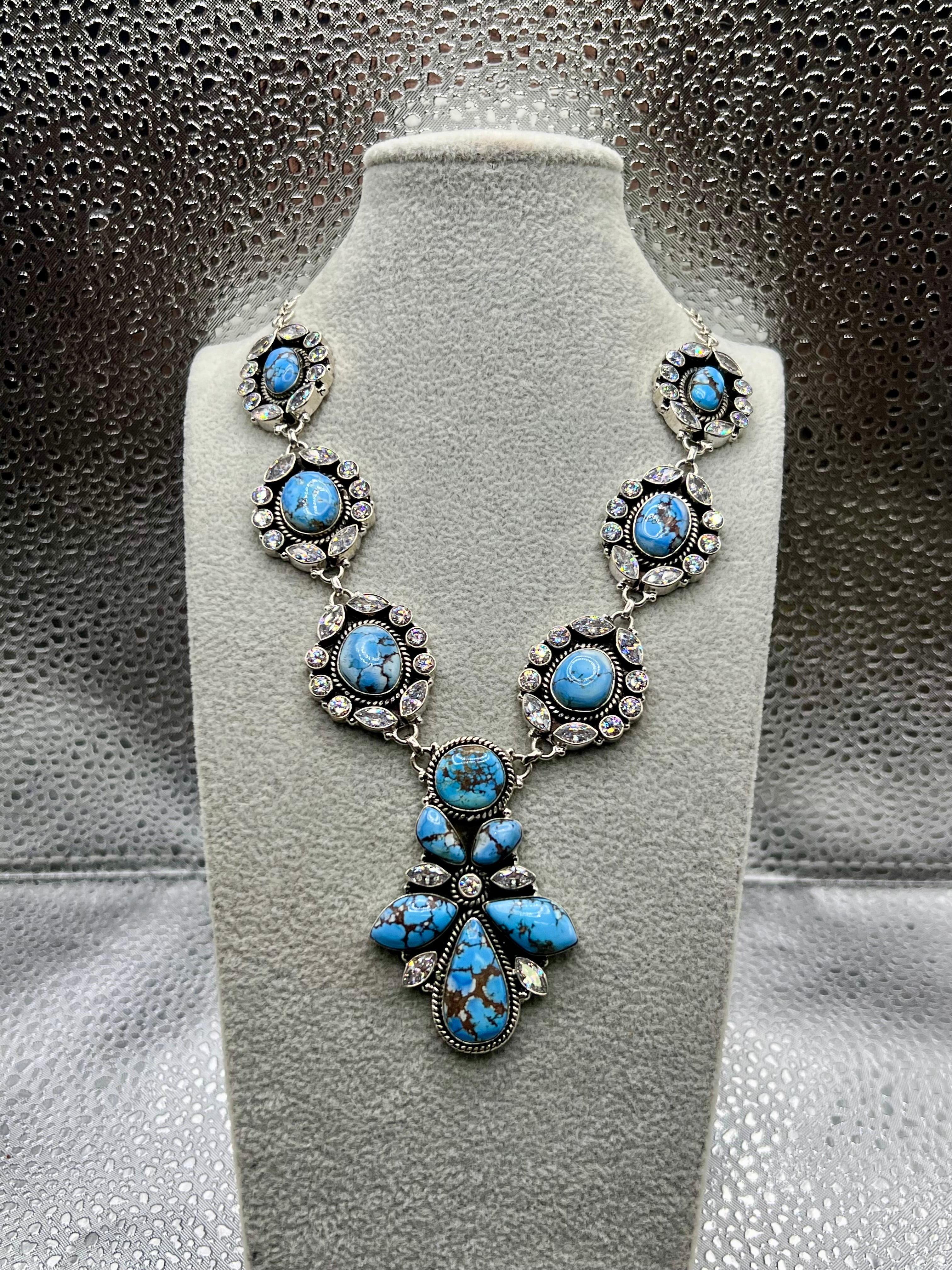 Handmade Golden Hills & CZ Cluster Sterling Silver Lariat Necklace