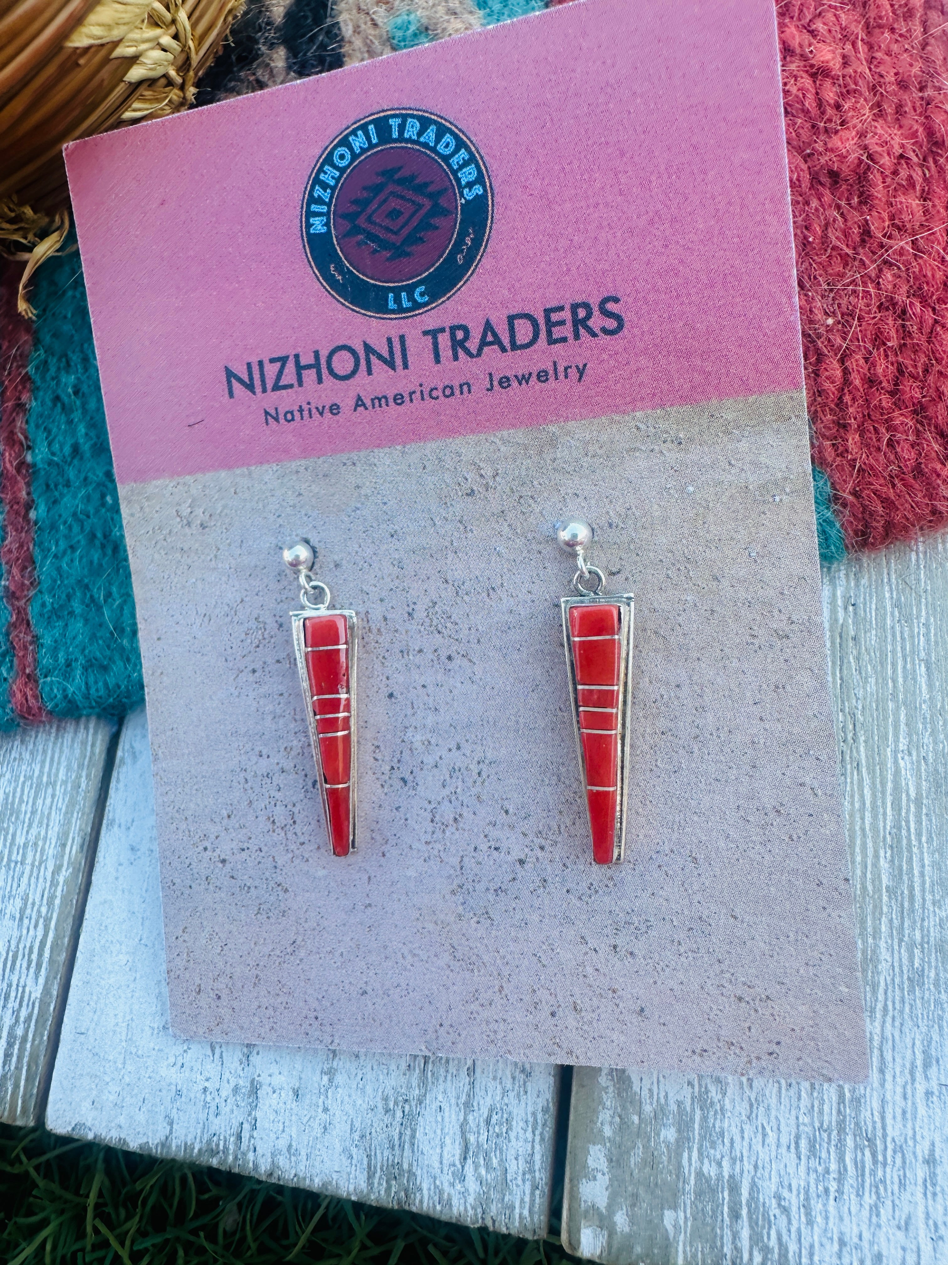 Handcrafted Coral & Sterling Silver Inlay Dangle Earrings
