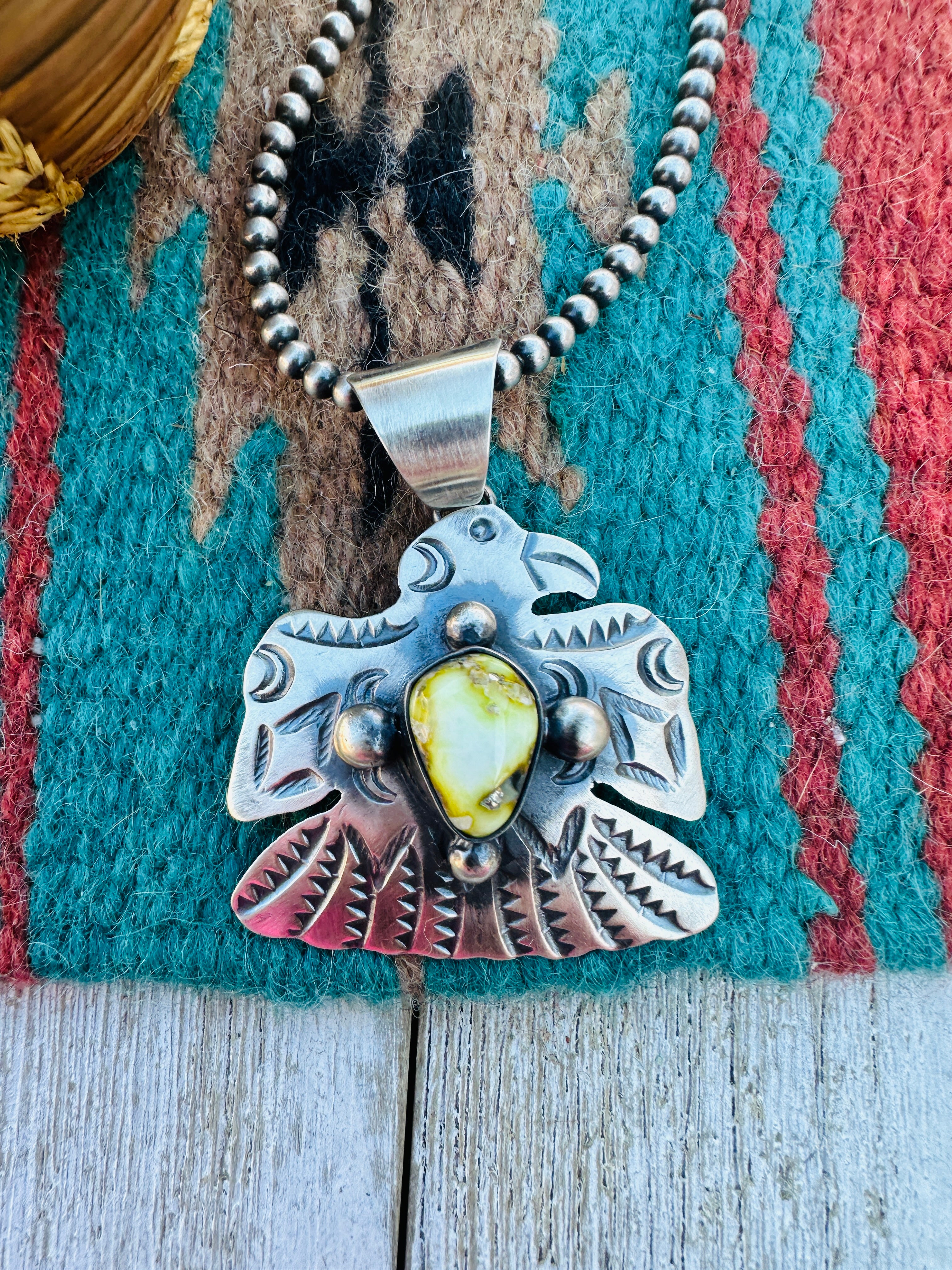 Handcrafted Sterling Silver & Palomino Turquoise Thunderbird Pendant by Chimney Butte