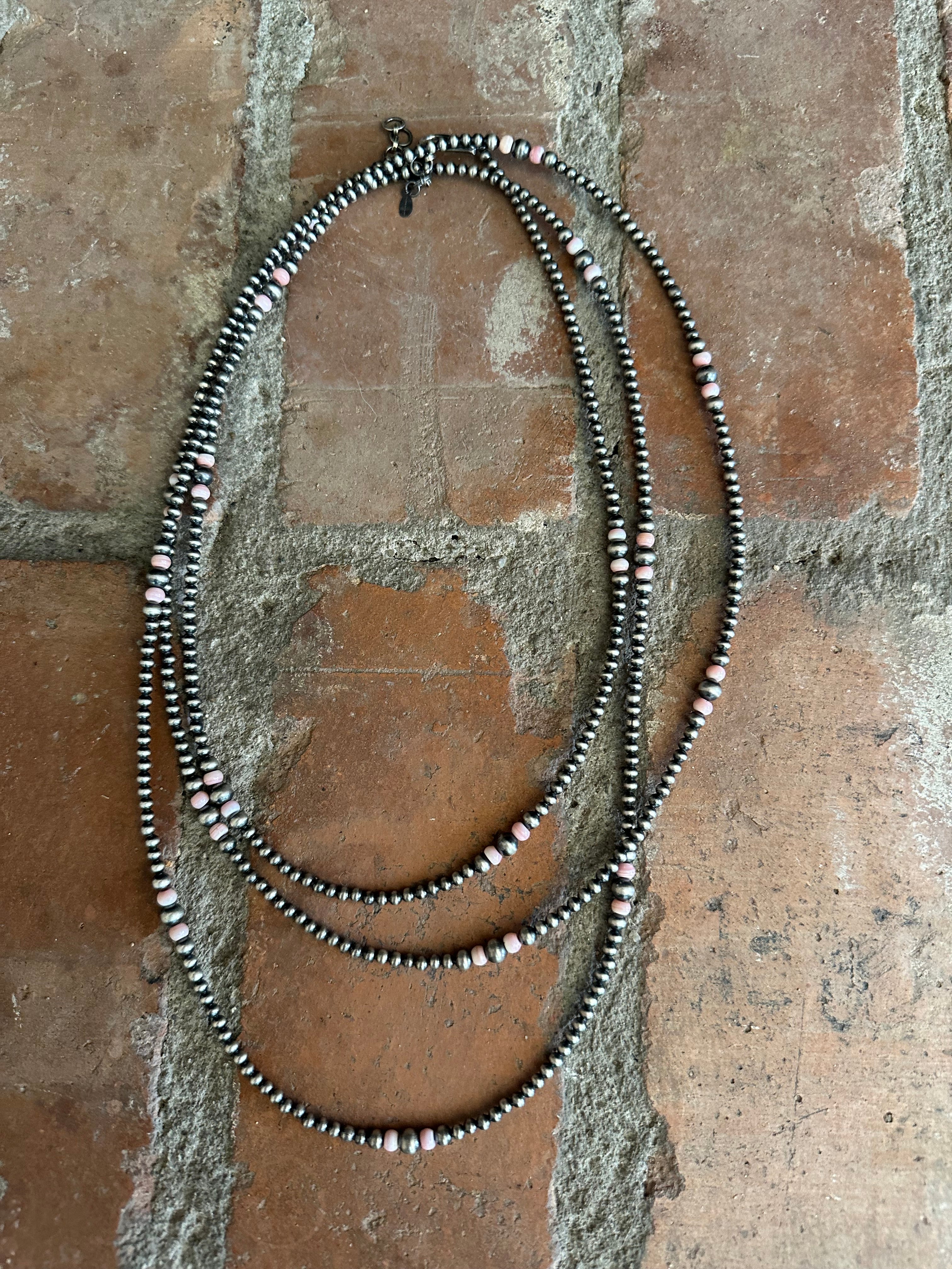 Handmade Sterling Silver 3-5mm Pink Conch Beaded Necklace 60”