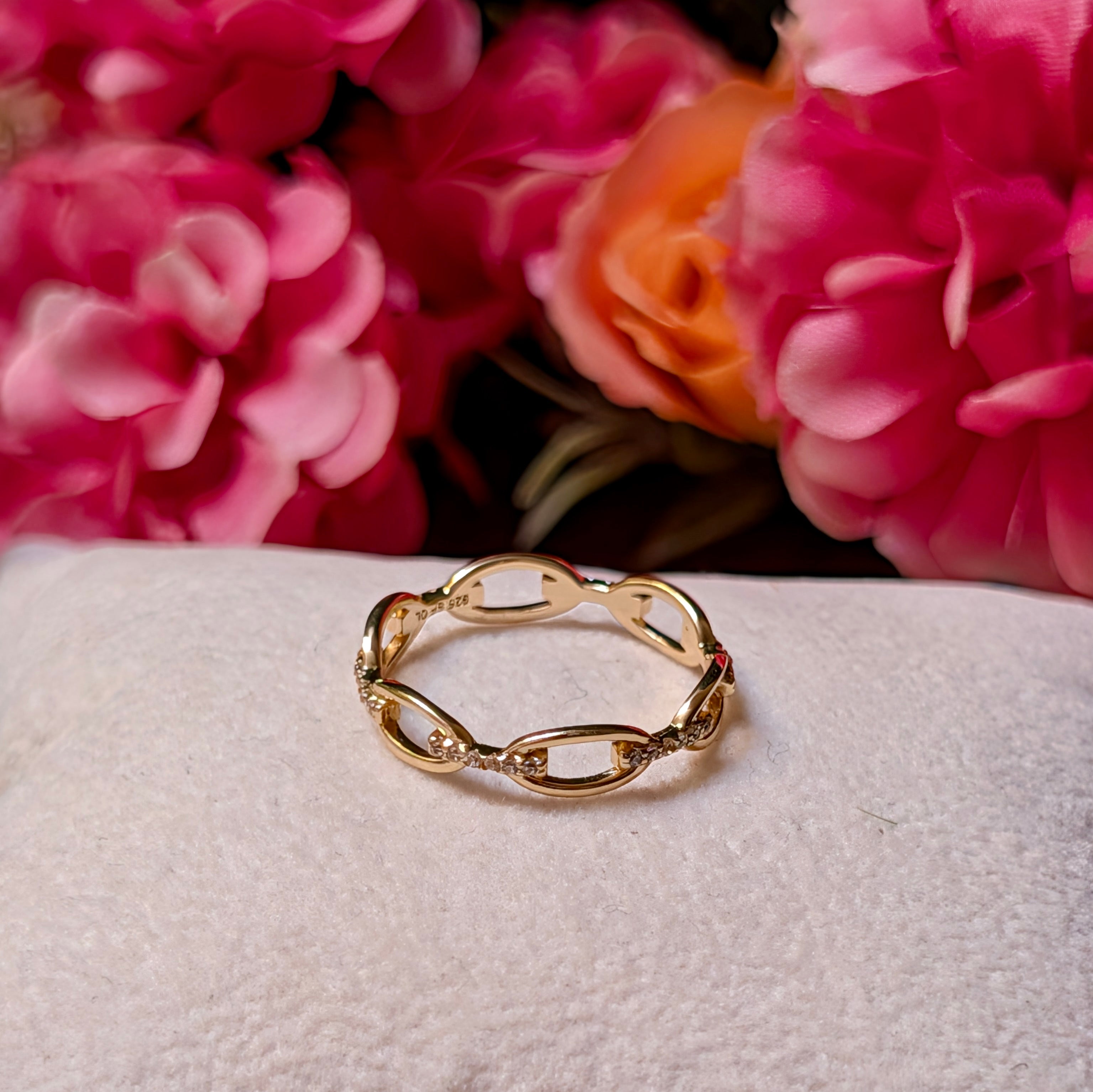 14K Gold Plated Sterling Silver CZ Open Chain Link Ring