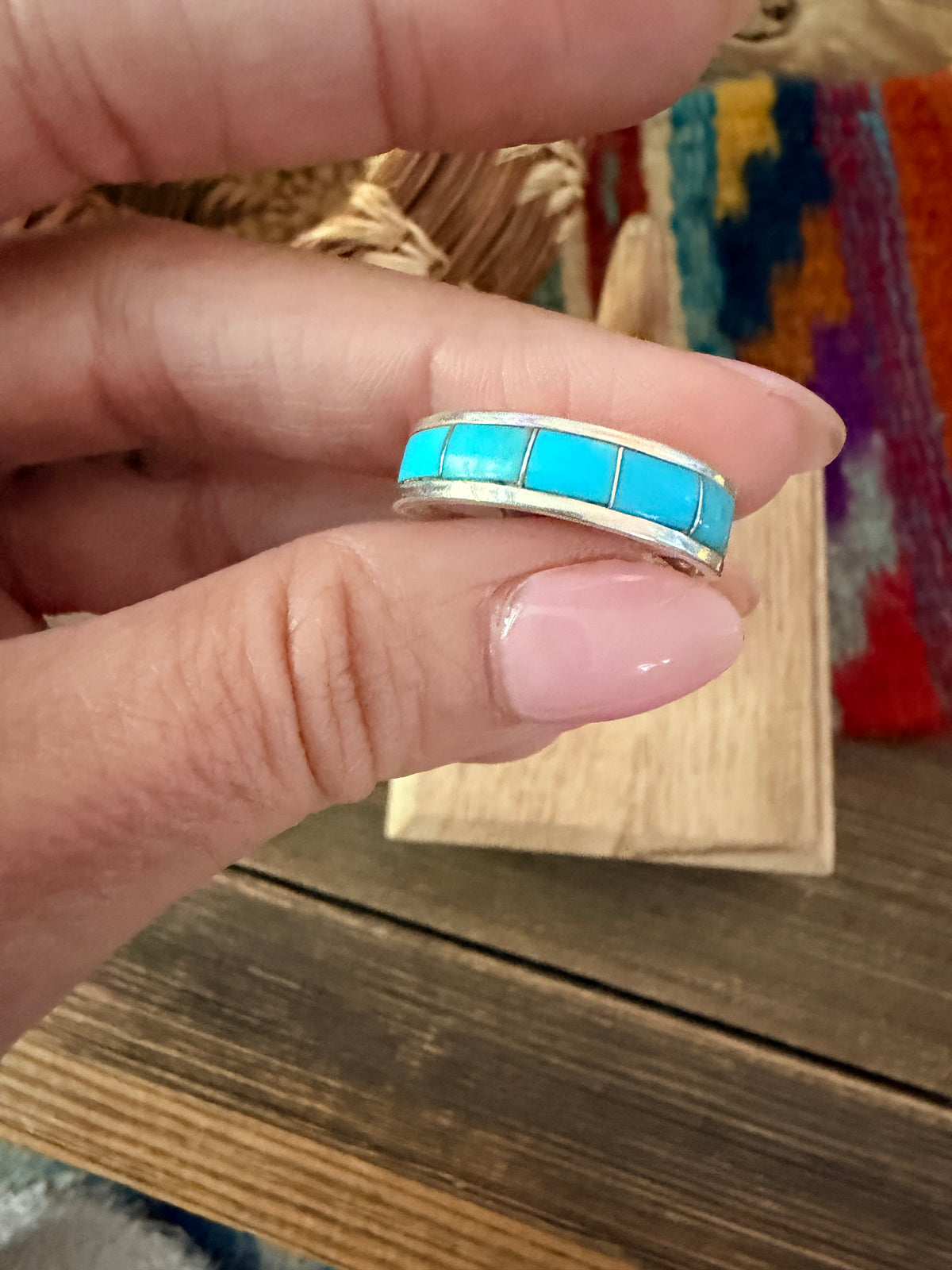 Old Pawn Handcrafted Turquoise & Sterling Silver Inlay Band Ring Size 8.25