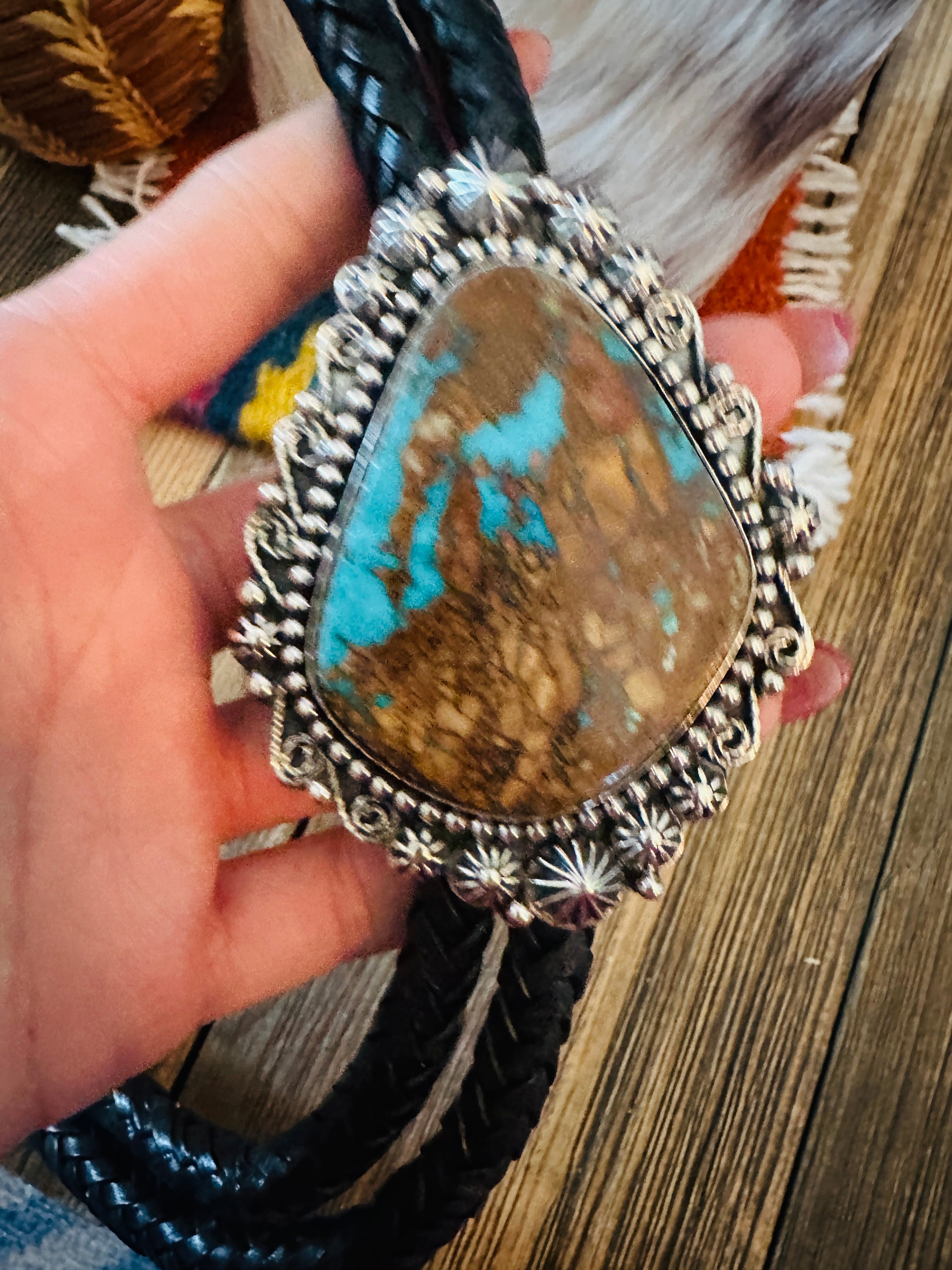 Handcrafted Sterling Silver & Pilot Mountain Turquoise Bolo Tie by Rosella Paxson