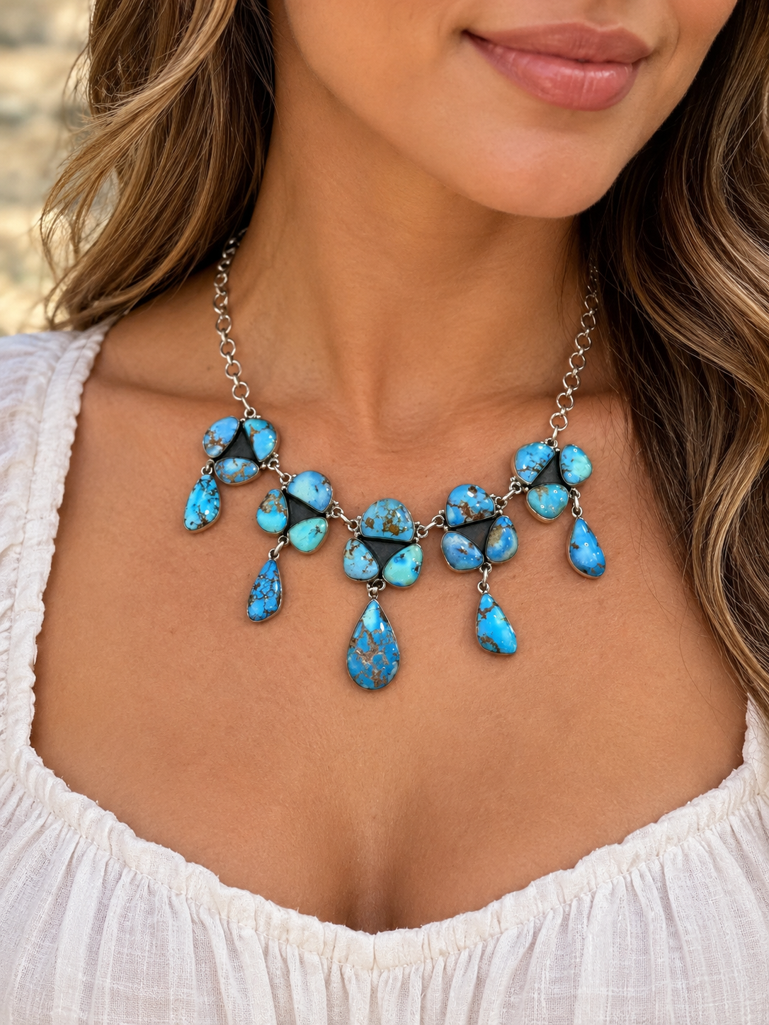 Handmade Golden Hills Turquoise & Sterling Silver Waterfall Necklace