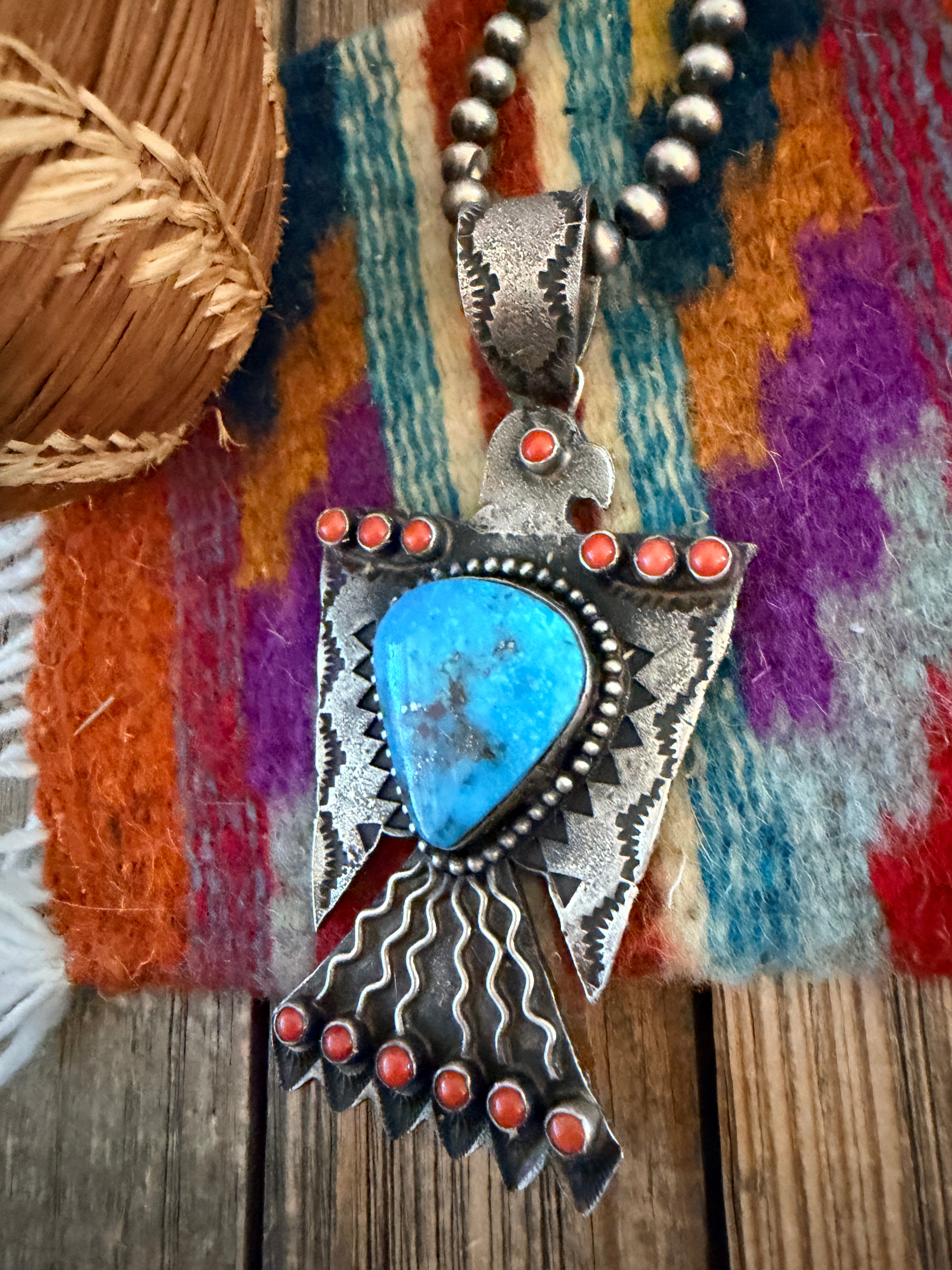 Handcrafted Sterling Silver, Turquoise & Coral Thunderbird Pendant by Shawn Cayatineto