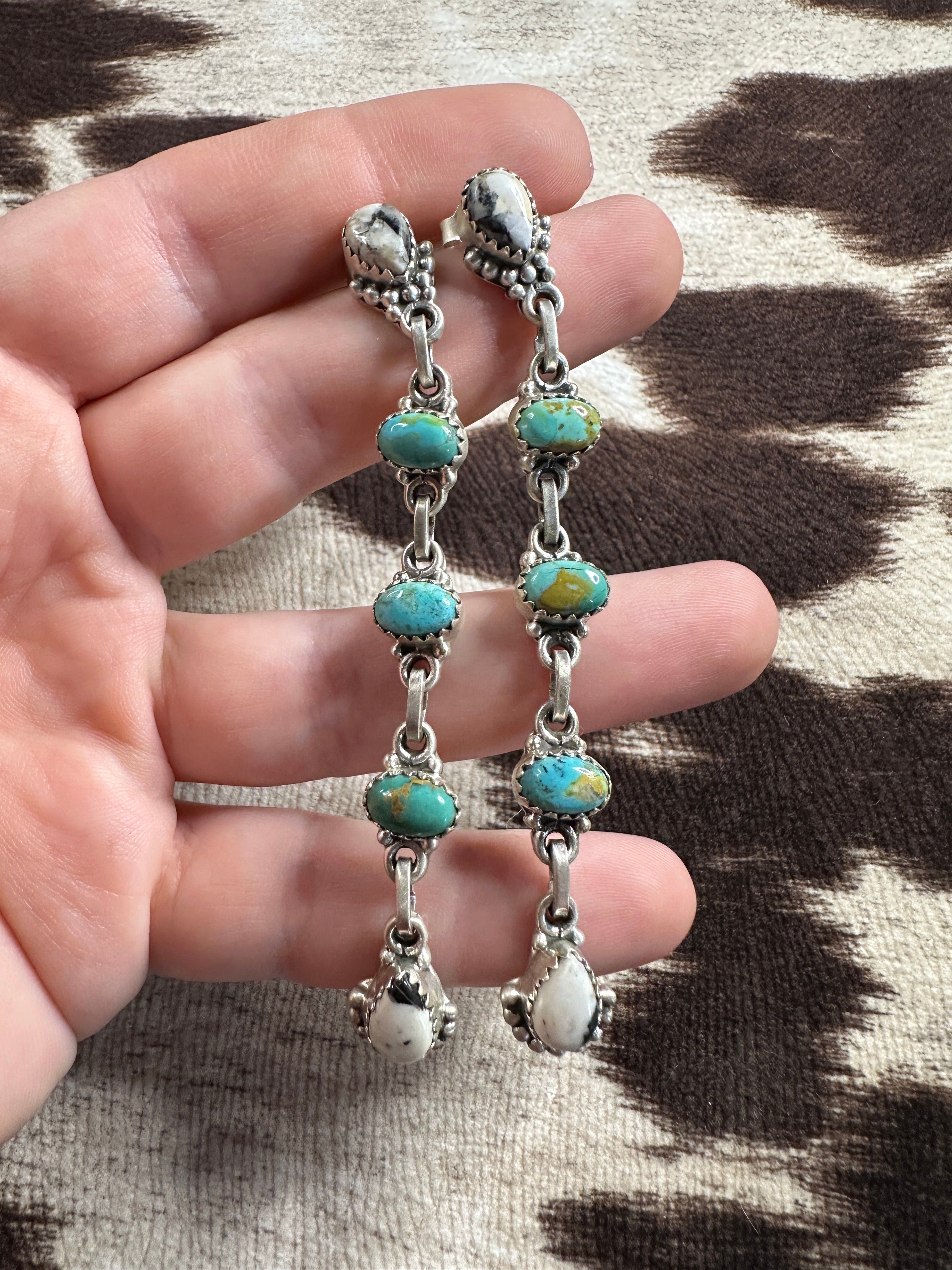 Handmade White Buffalo, Turquoise & Sterling Silver 5 Stone Dangle Earrings
