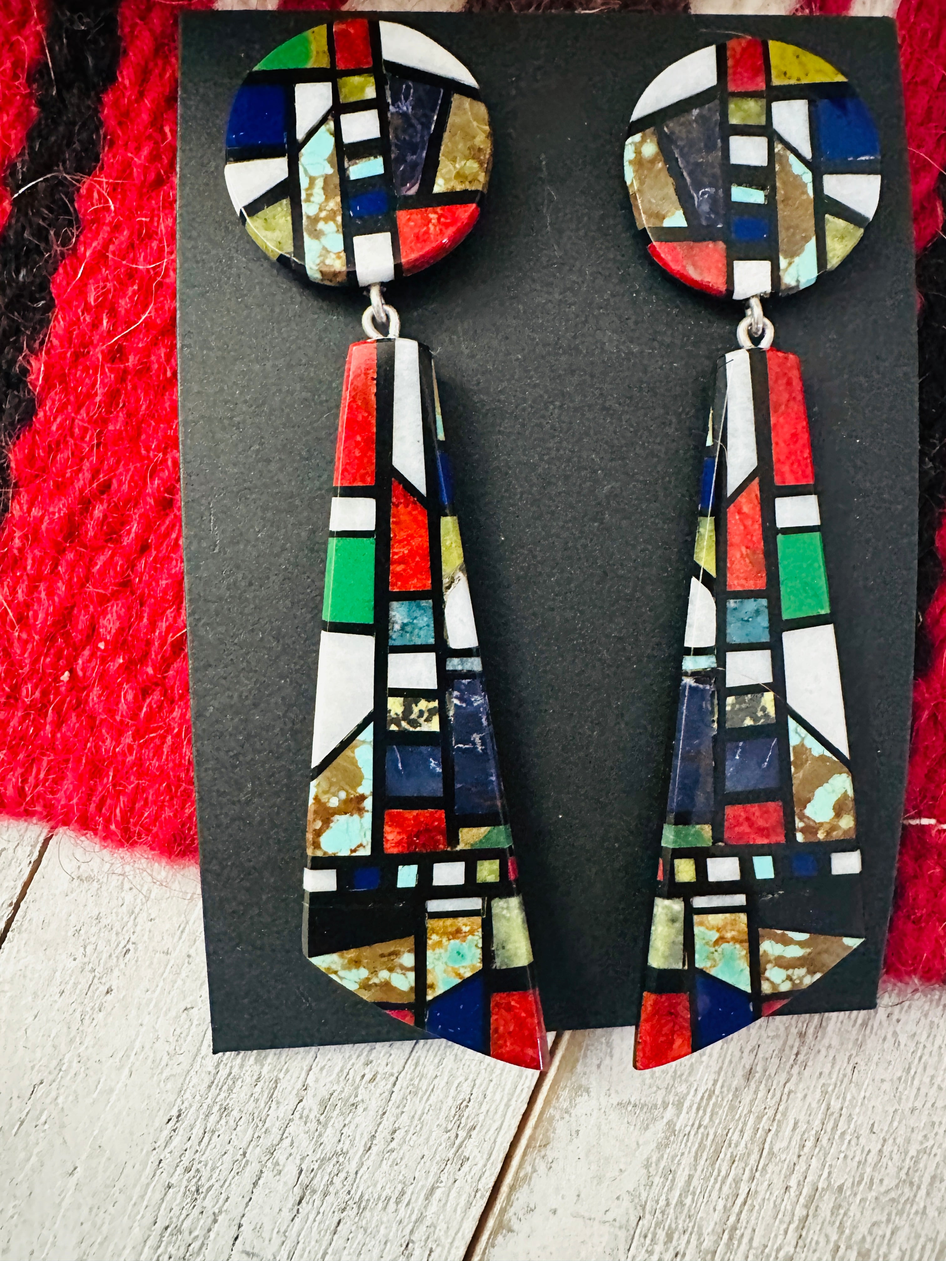 Handcrafted Multi Stone Inlay Dangle Earrings