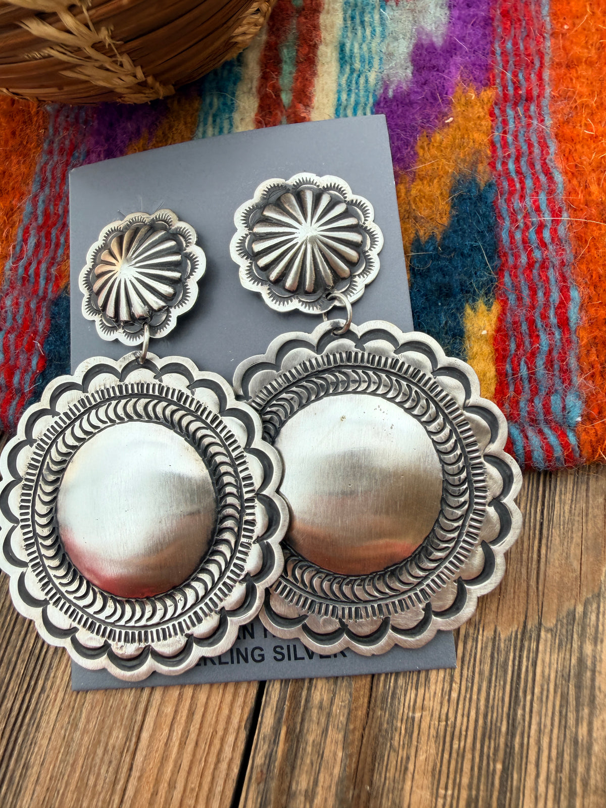 Handcrafted Sterling Silver Concho Dangle Earrings by Leander Tahe