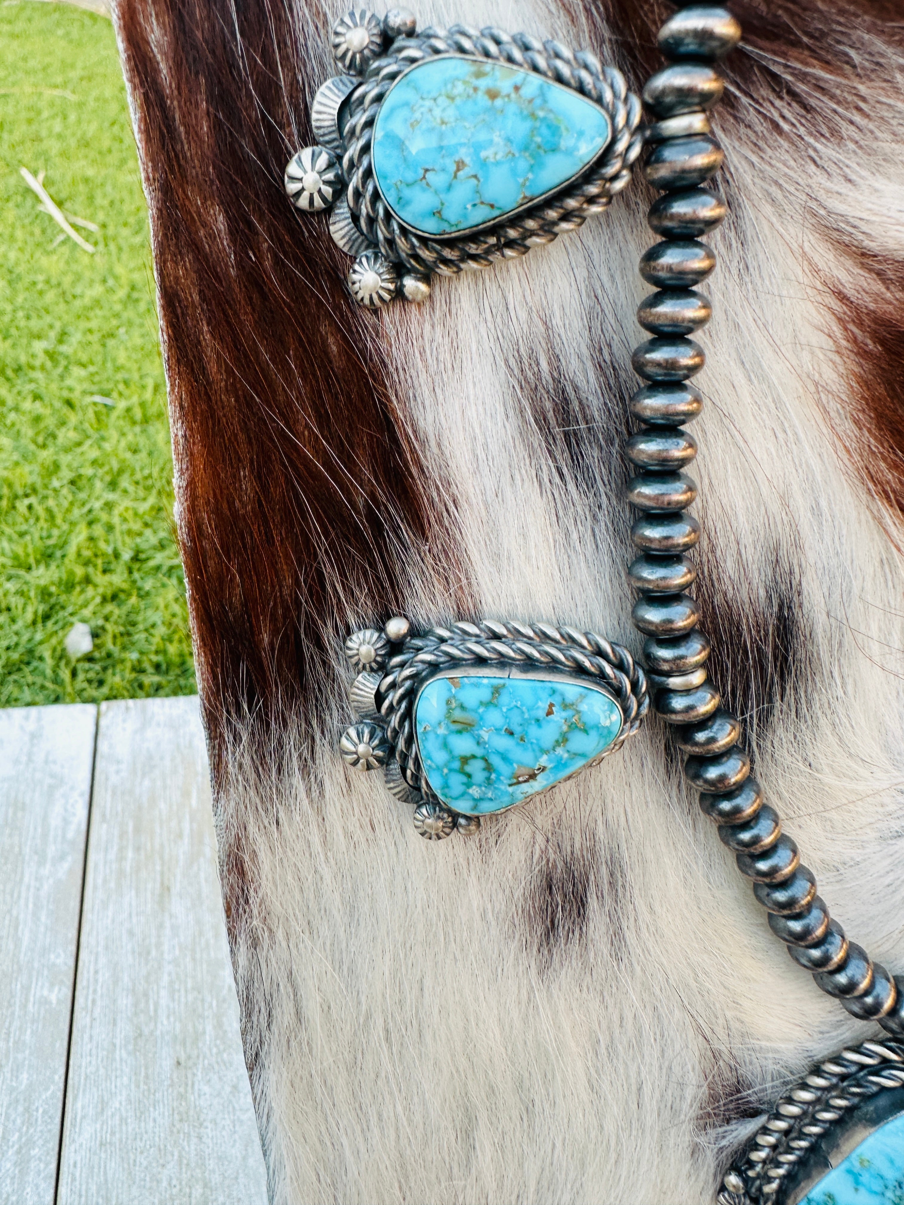 Handcrafted Kingman Web Turquoise & Sterling Silver Necklace and Earring Set by Eli Skeets