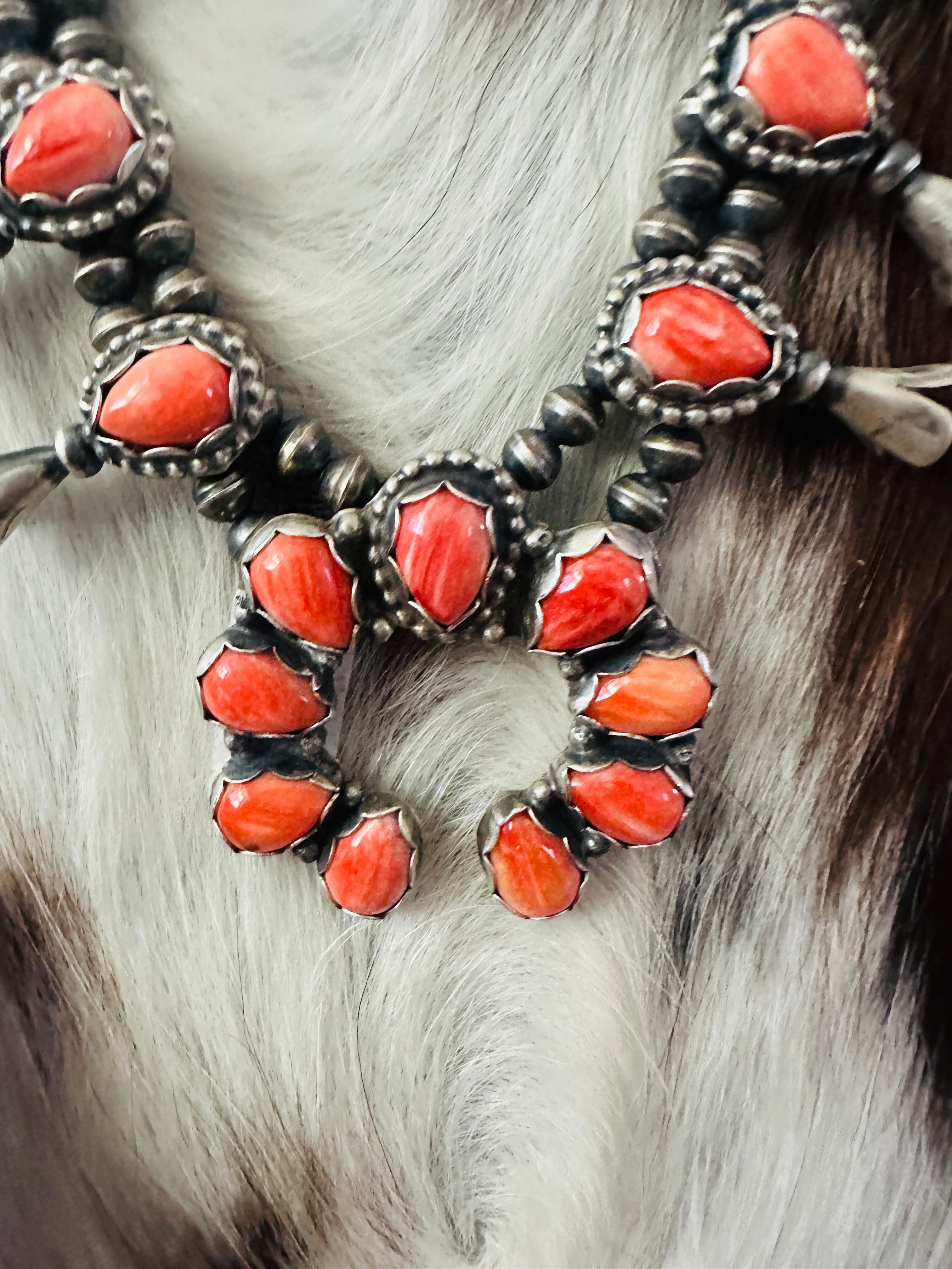 Handcrafted Sterling Silver & Spiny Oyster Squash Blossom Necklace Set