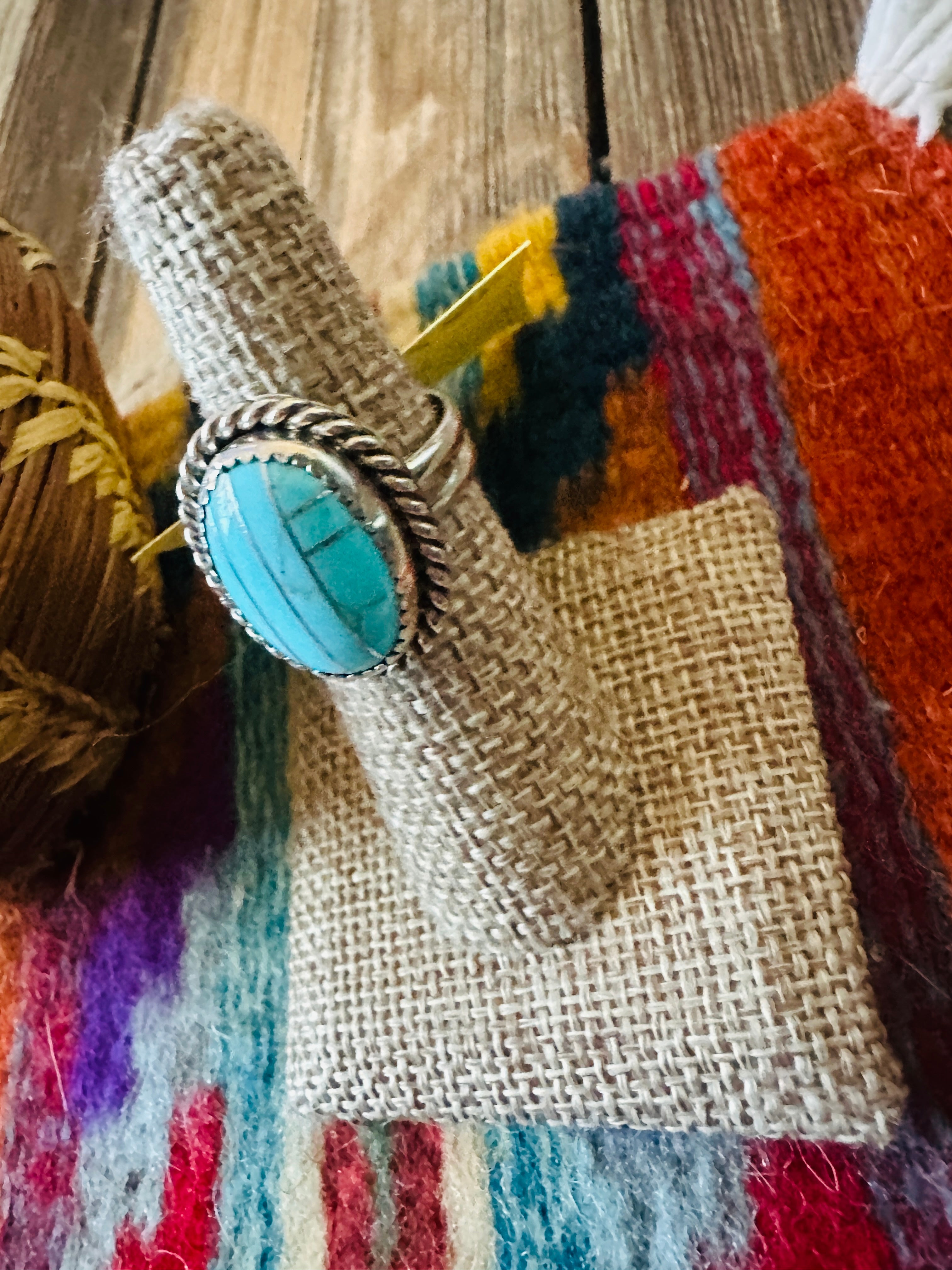 Old Pawn Handcrafted Turquoise & Sterling Silver Inlay Ring Size 7