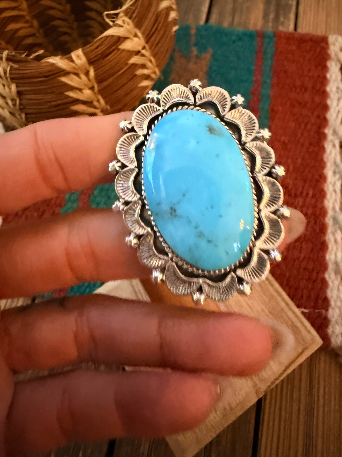 Old Pawn Handcrafted Turquoise & Sterling Silver Ring Size 5