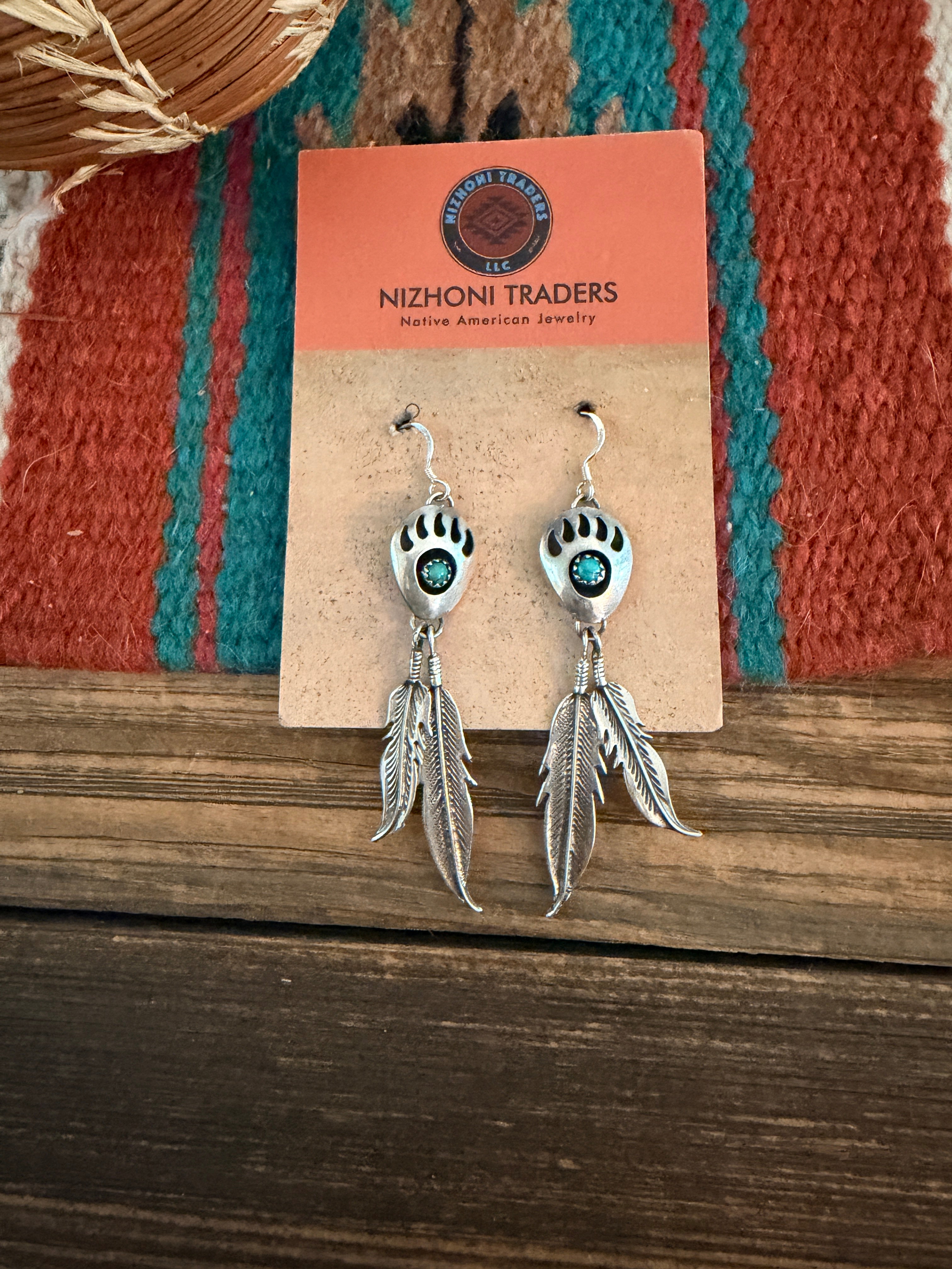 Handcrafted Turquoise & Sterling Silver Bear Paw Feather Dangle Earrings