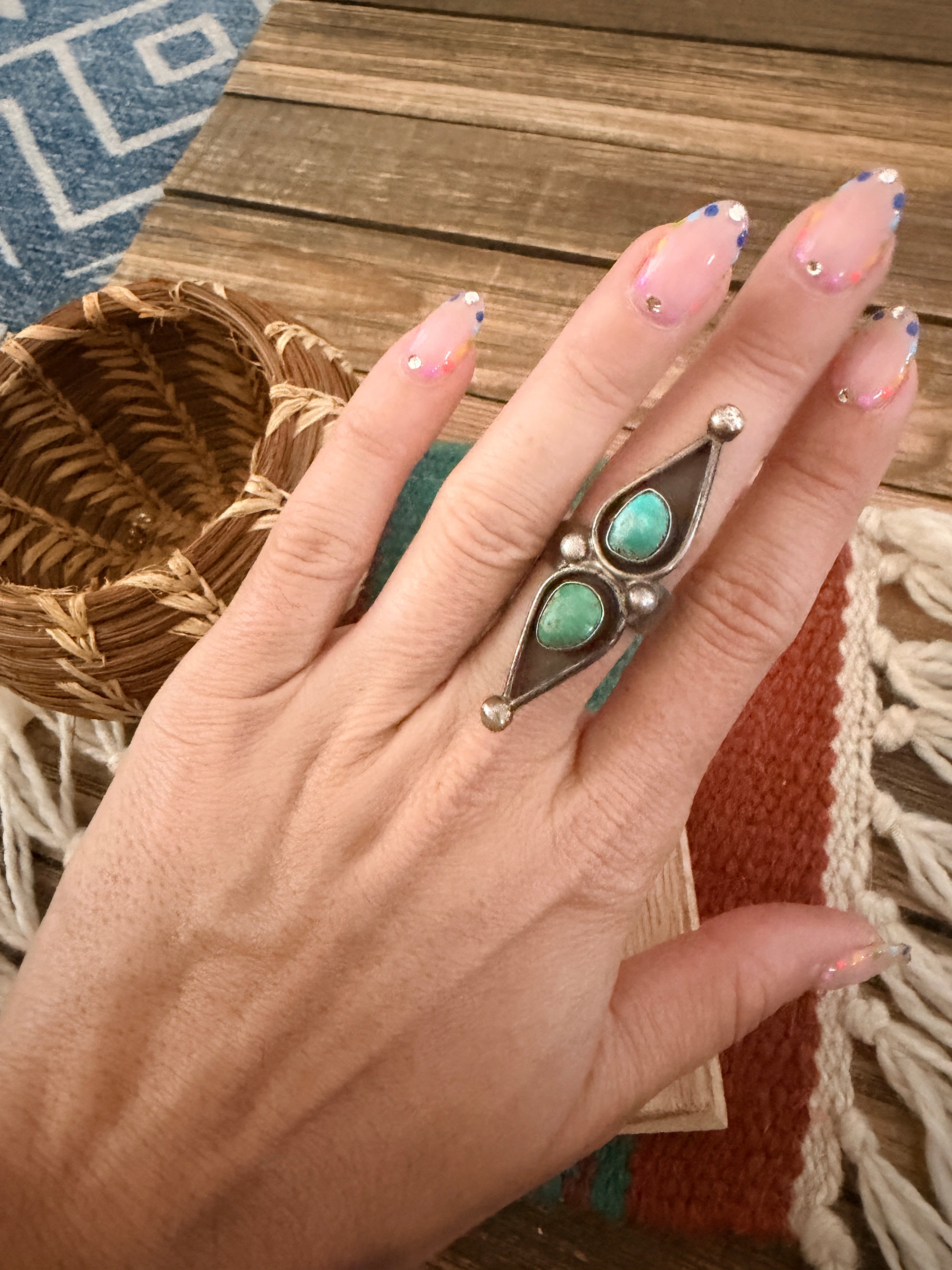 Old Pawn Handcrafted Turquoise & Sterling Silver Shadowbox Ring Size 6