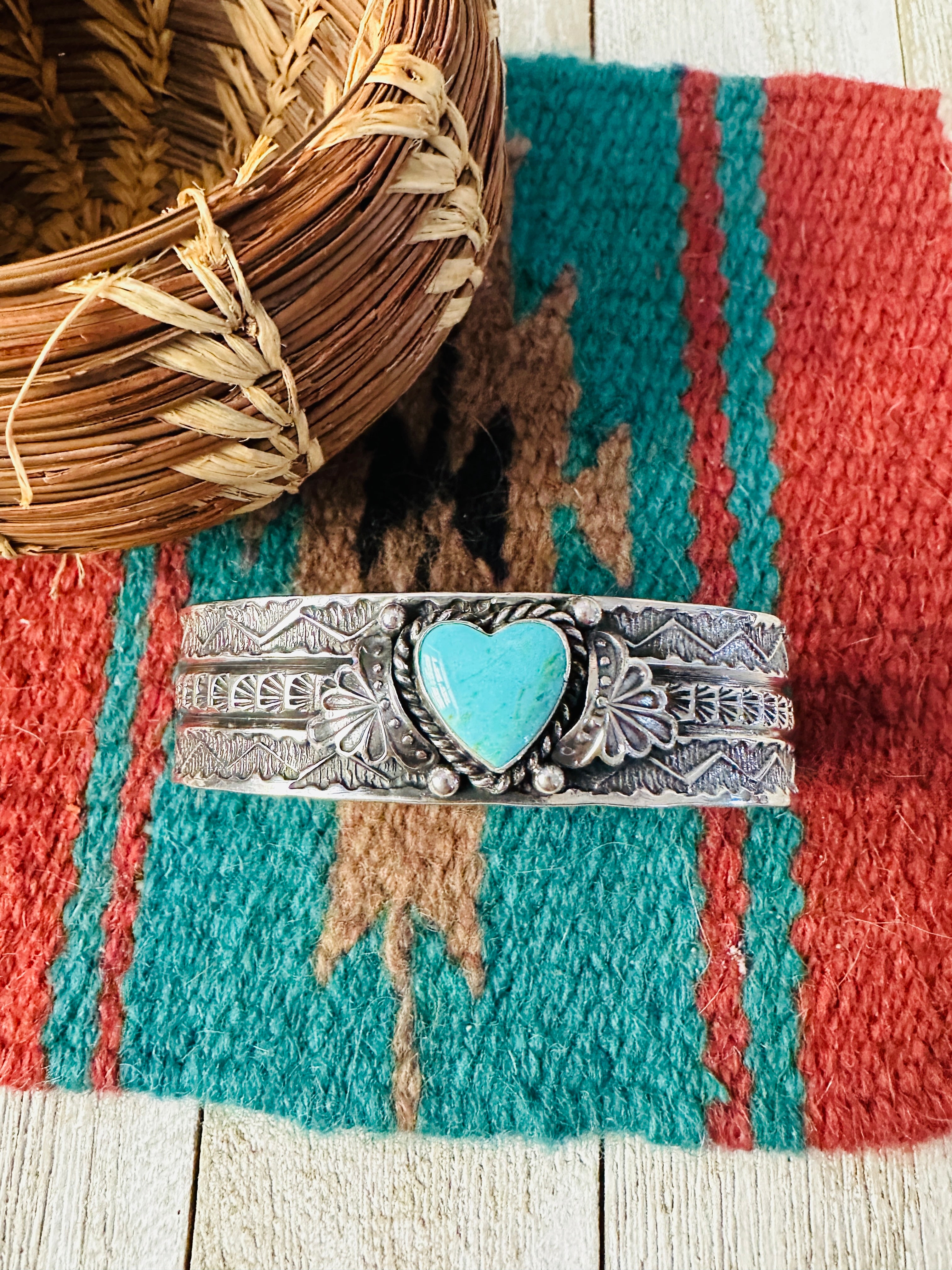 Handcrafted Turquoise & Sterling Silver Heart Cuff Bracelet by Sunshine Reeves