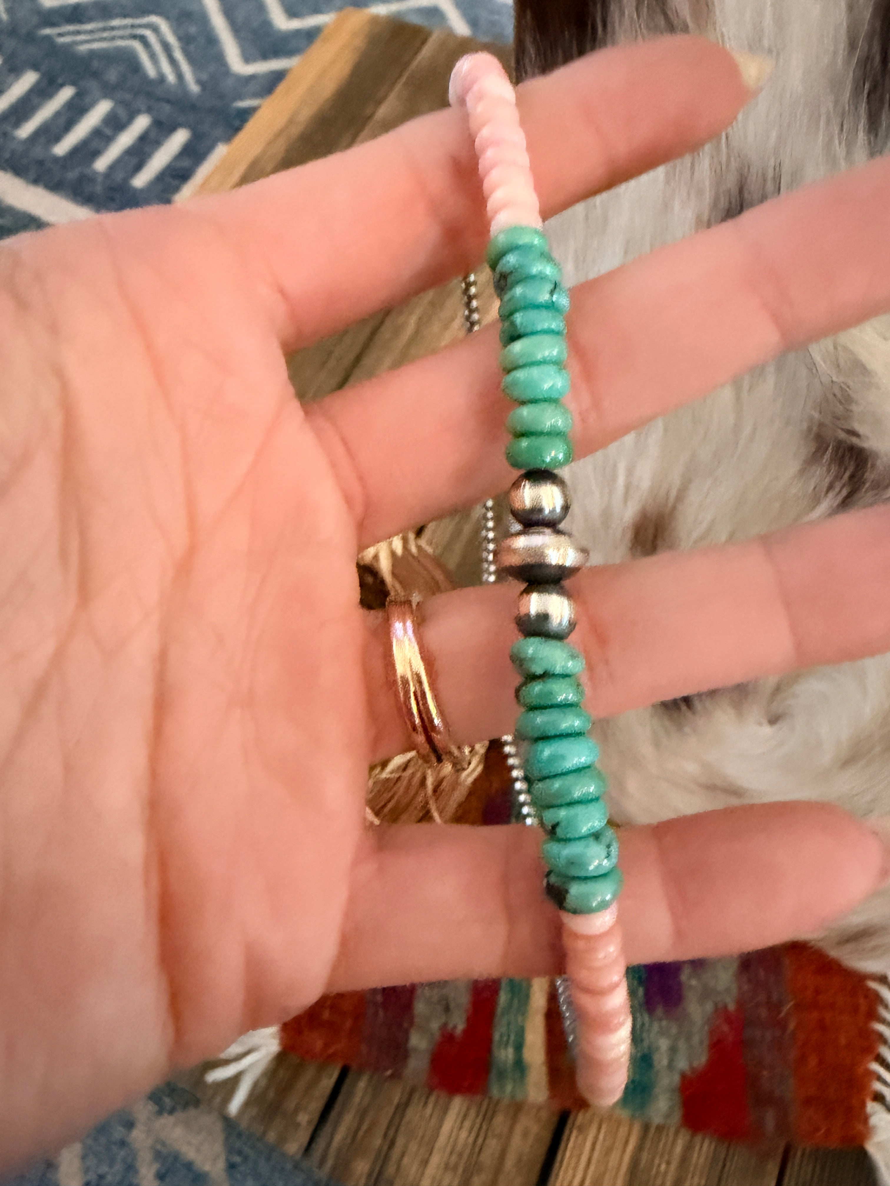 Handcrafted Turquoise, Queen Pink Conch and Sterling Silver Pearl Beaded Necklace