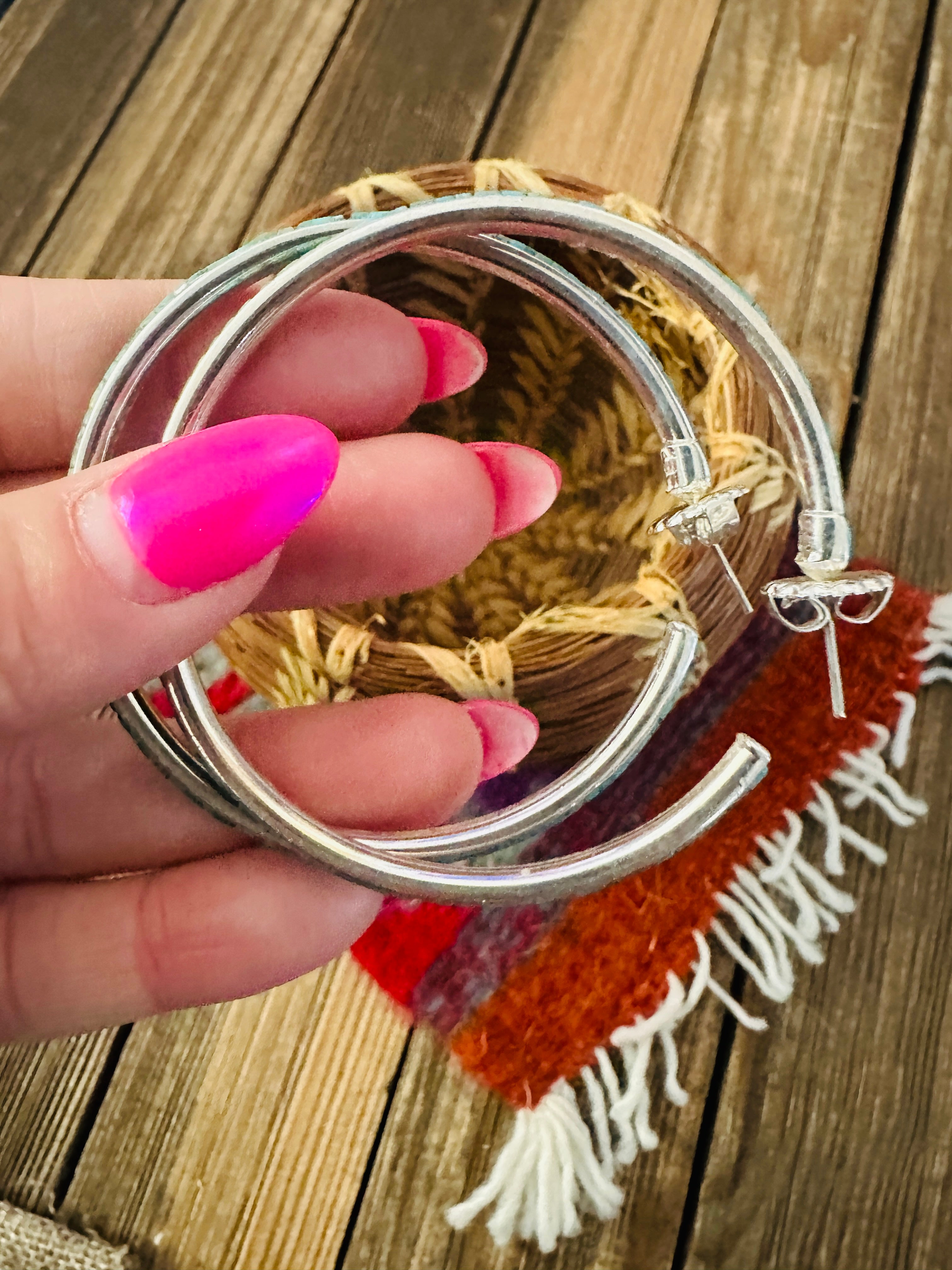 Handcrafted Turquoise & Sterling Silver Hoop Earrings by Federico Jimenez