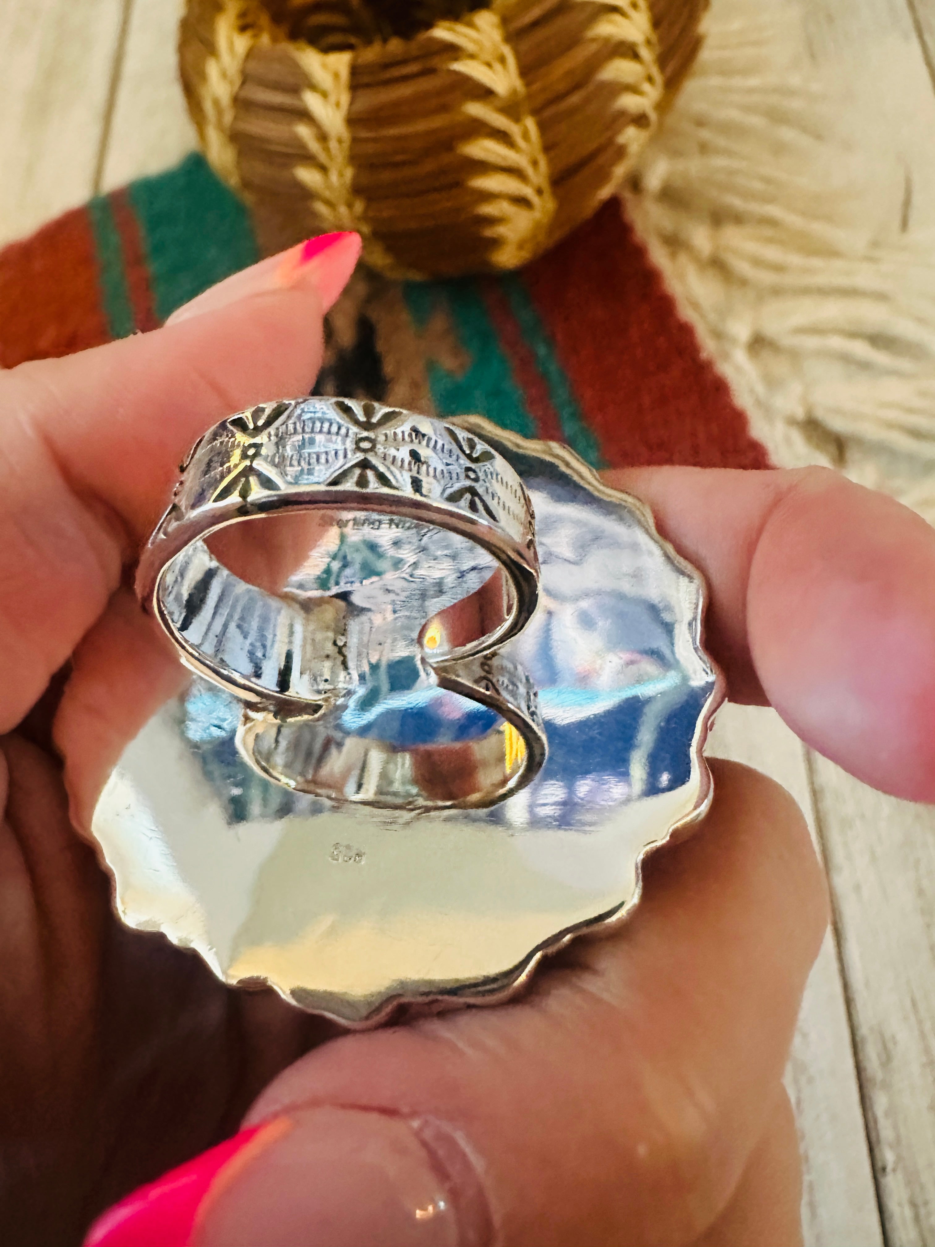 ** Christmas Collection ** Handmade Sterling Silver, Coral & Opal Adjustable Ring Signed Nizhoni