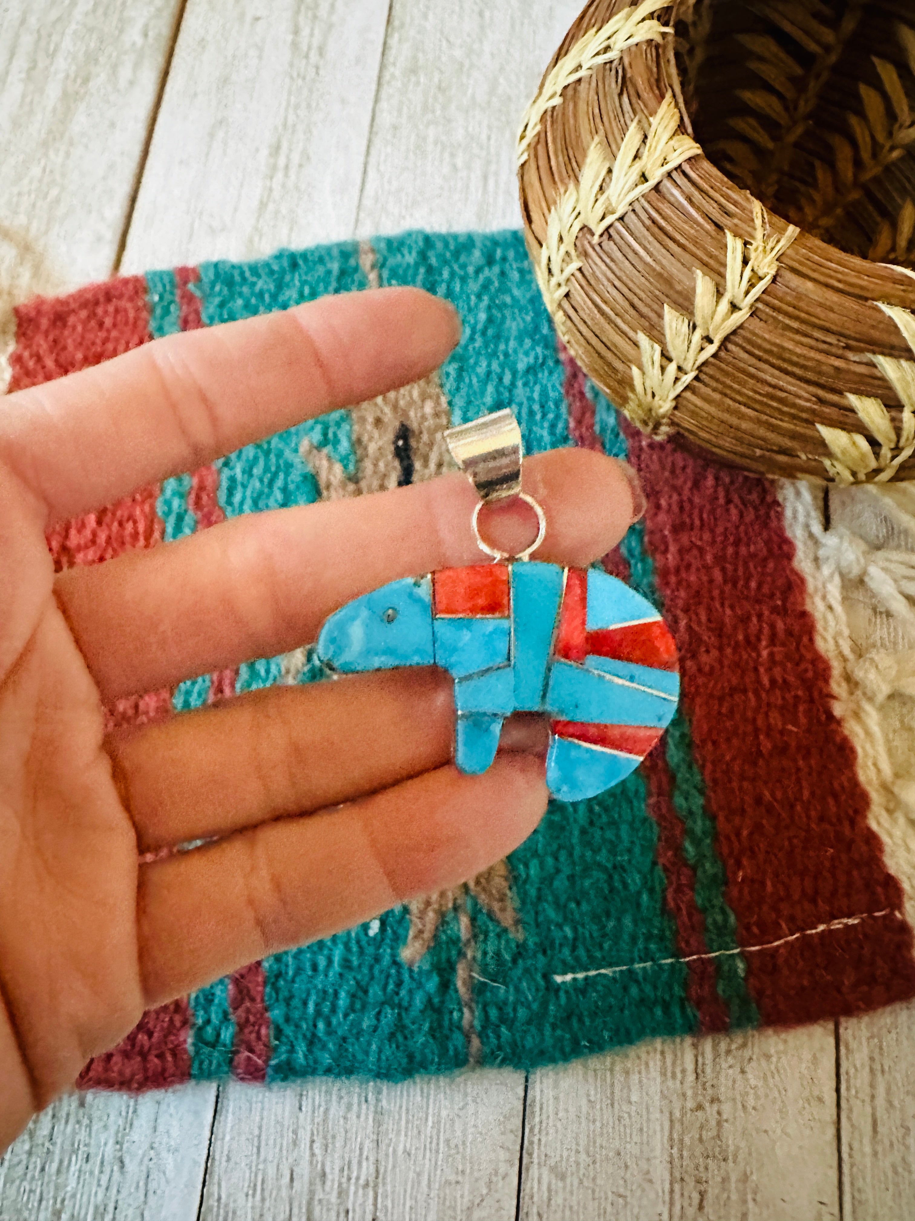 Handcrafted Turquoise, Spiny & Sterling Silver Inlay Fetish Bear Pendant