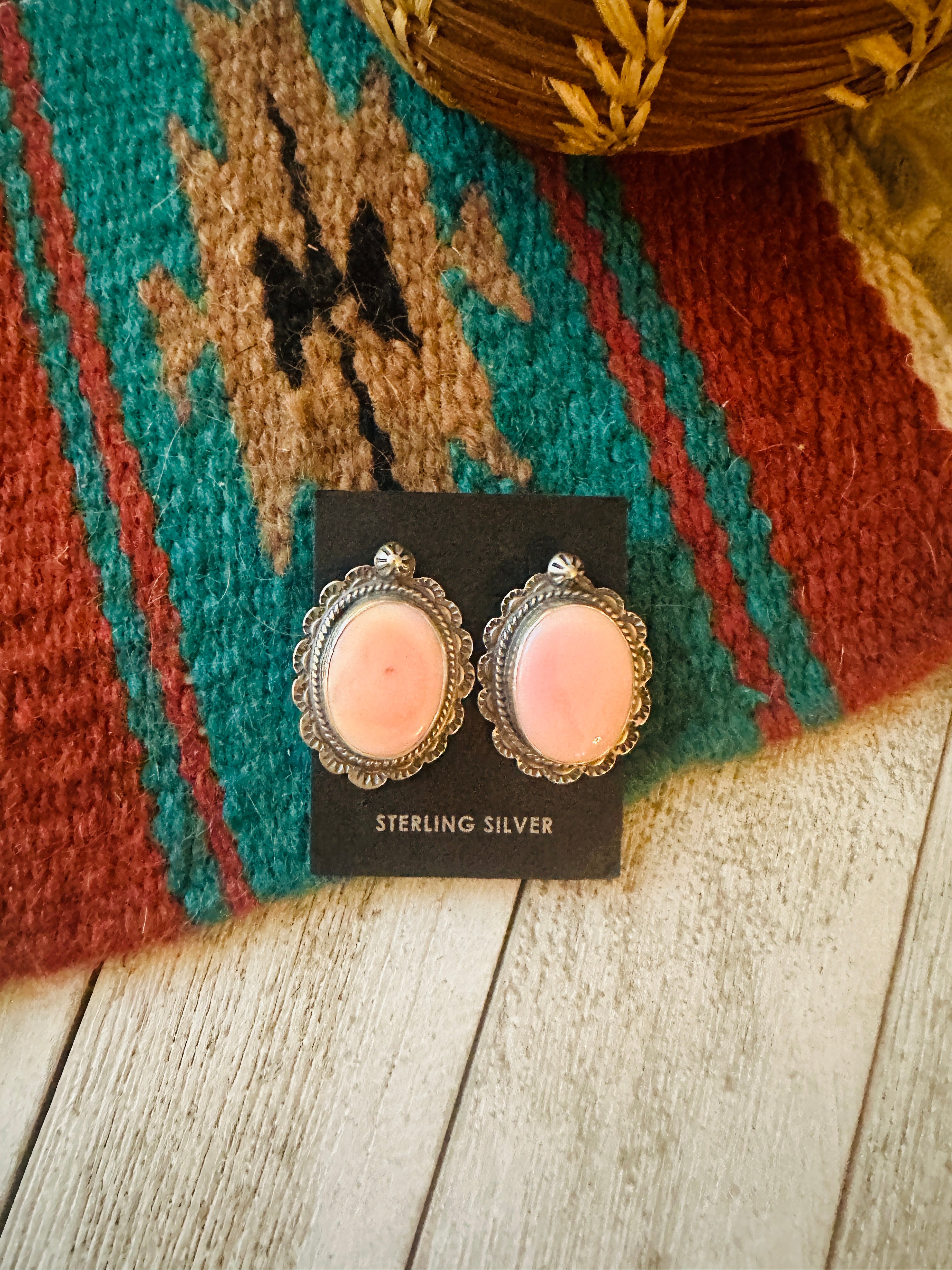 Handcrafted Sterling Silver & Queen Pink Conch Shell Post Earrings Signed