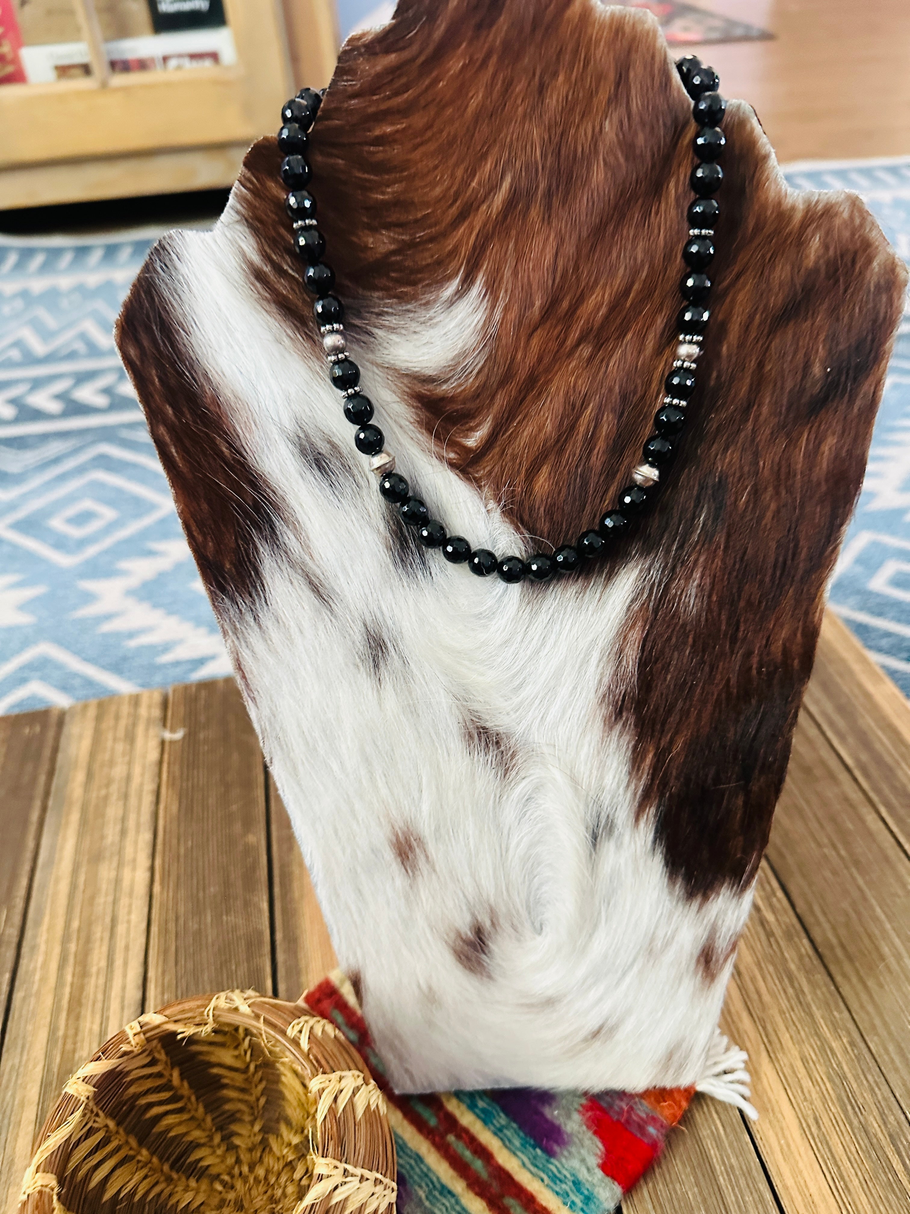 Handcrafted Black Onyx & Sterling Silver Beaded 16” Necklace by T & R Singer