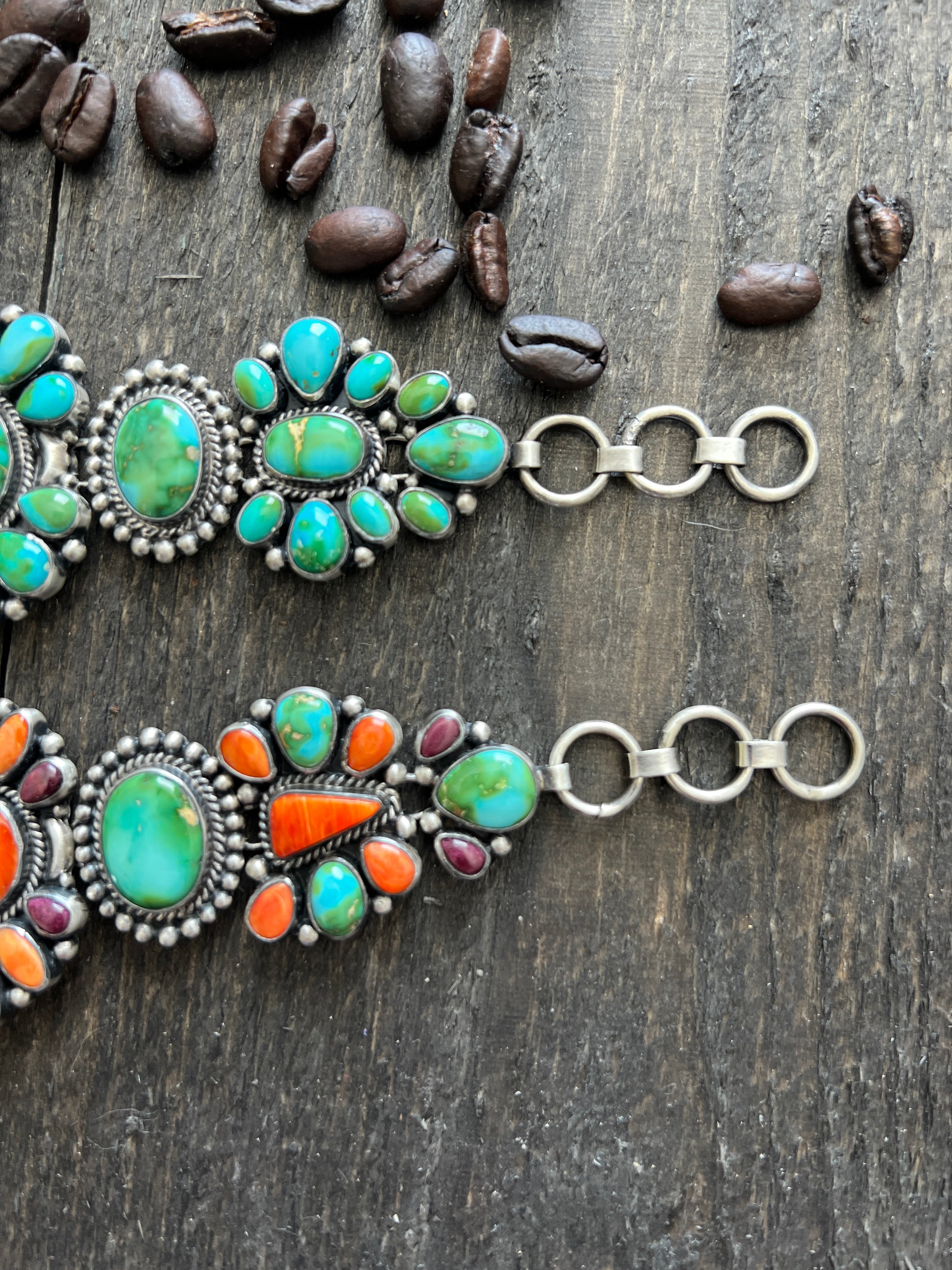 Stunning Sterling Silver, Sonoran Mountain Turquoise and Spiny Oyster Shell Cluster Link Bracelets by Diane Wylie