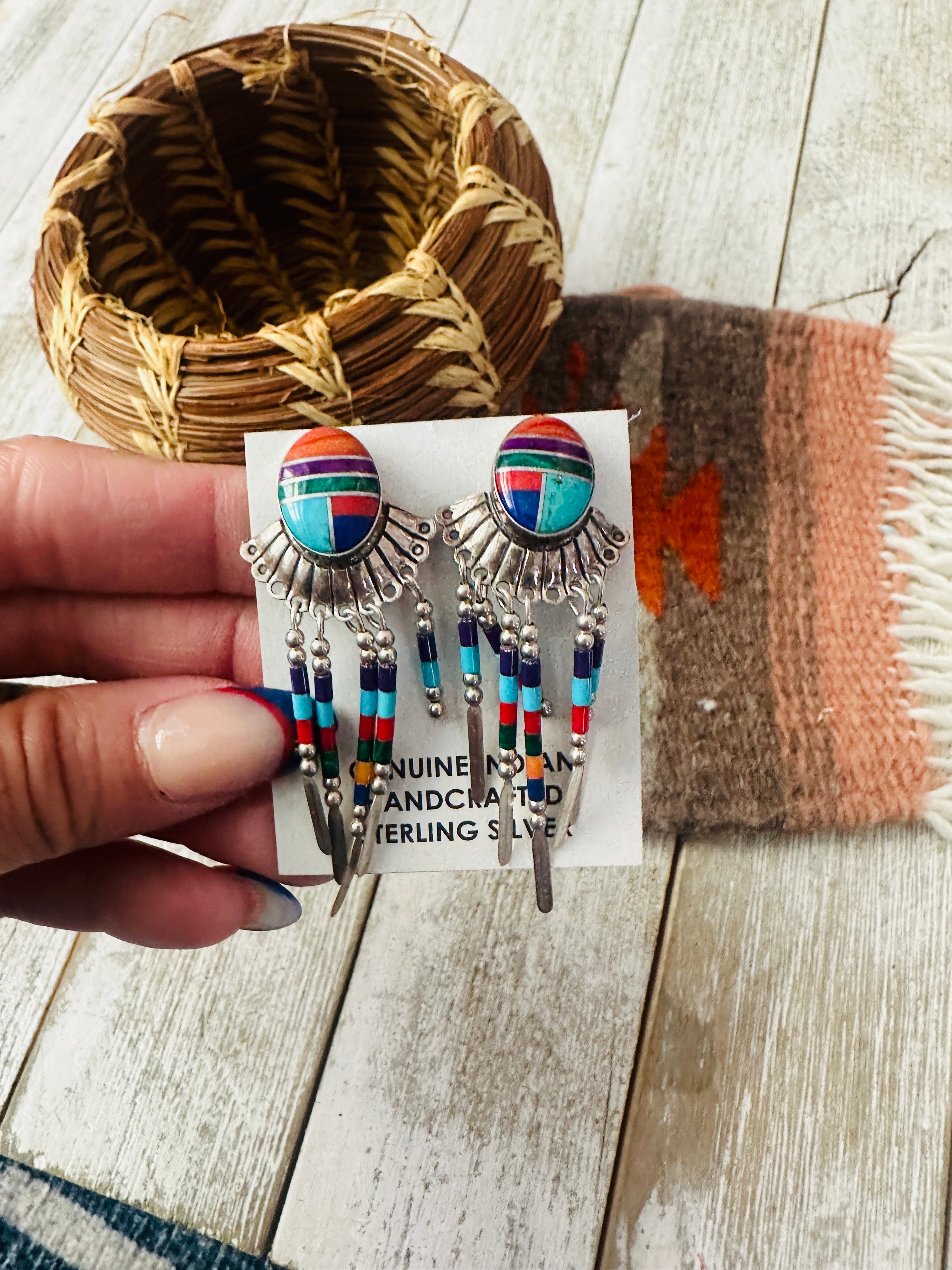 Handcrafted Sterling Silver & Multi Stone Inlay Dream Catcher Clip On Dangle Earrings