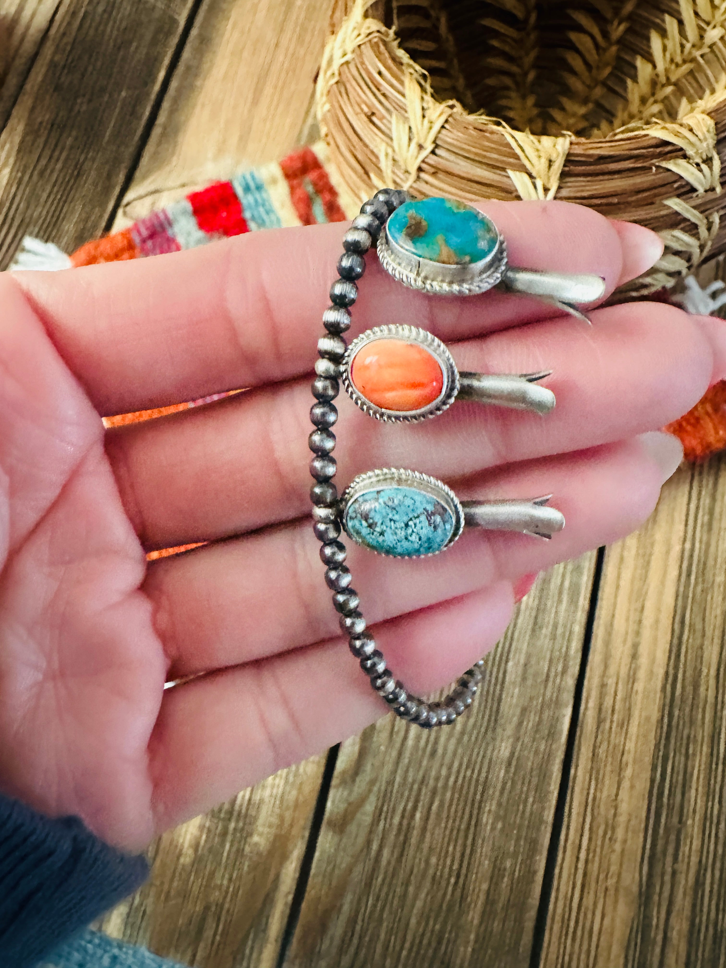 Handcrafted 3mm Sterling Silver Pearl, Turquoise & Spiny Oyster Blossom Stretch Bracelet