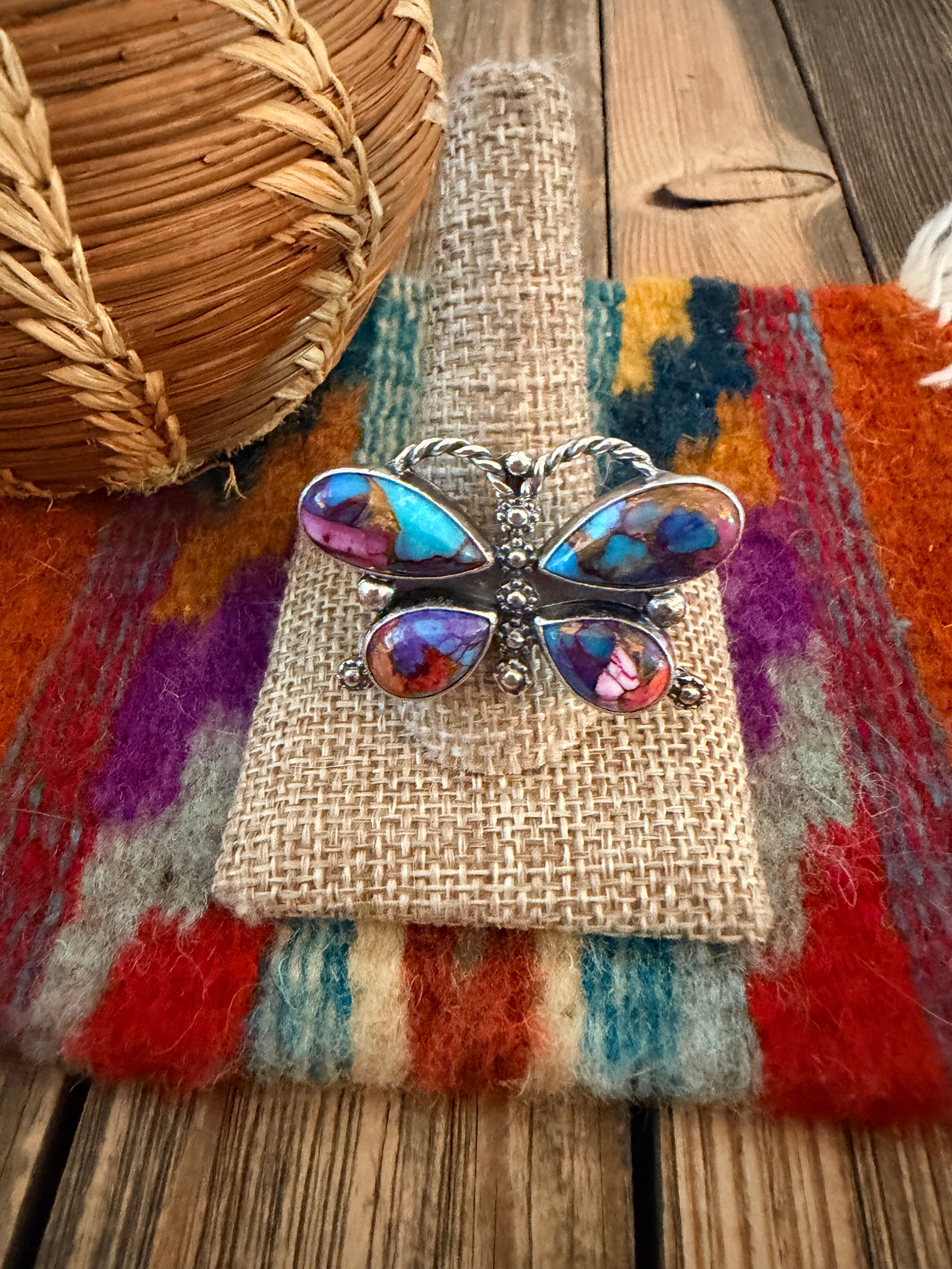 Handcrafted Pink Dream Mojave & Sterling Silver Adjustable Butterfly Ring