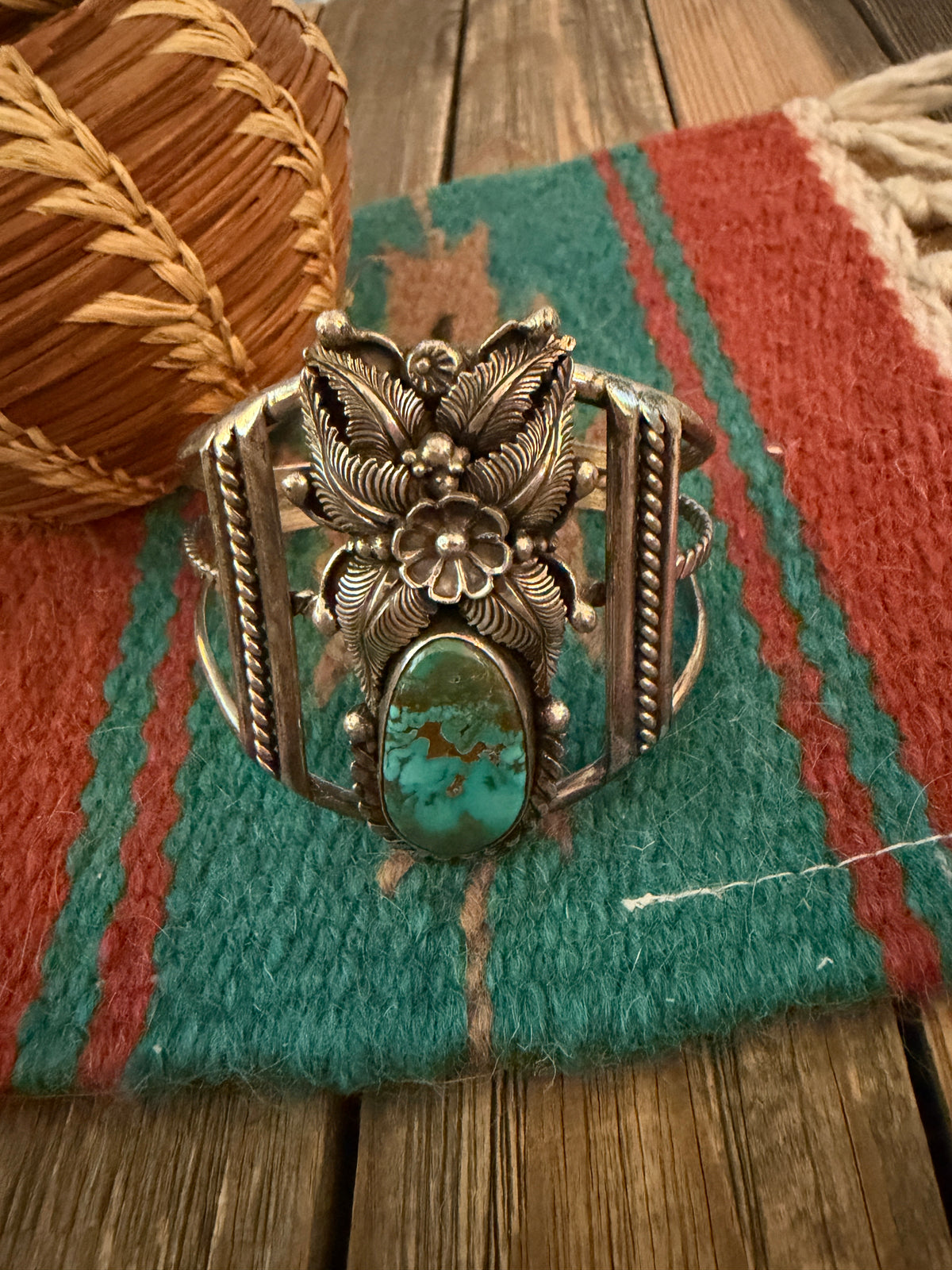 Handcrafted Old Pawn Sterling Silver & Turquoise Flower Cuff Bracelet