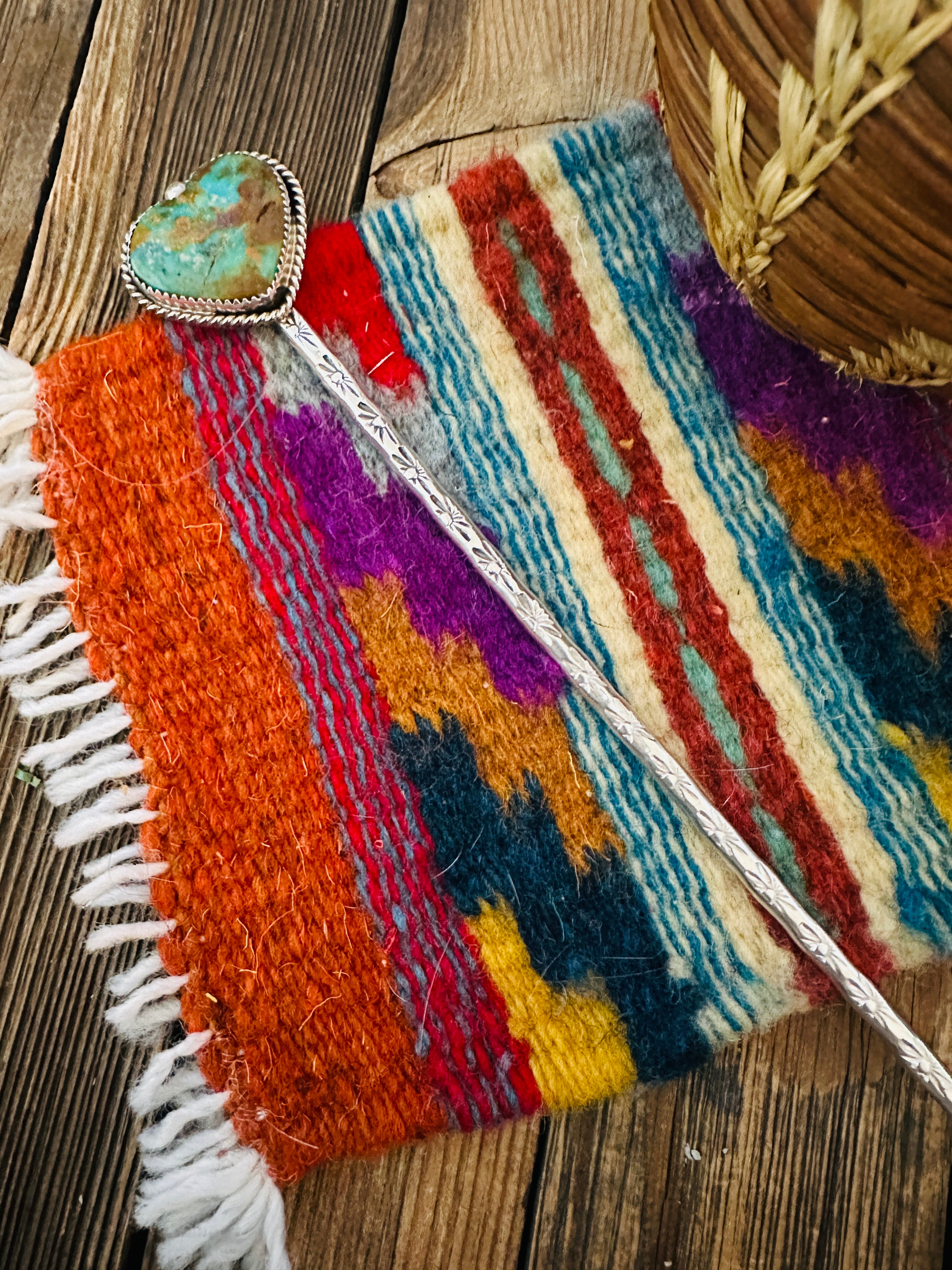 Handcrafted Turquoise & Sterling Silver Heart Hair Pin