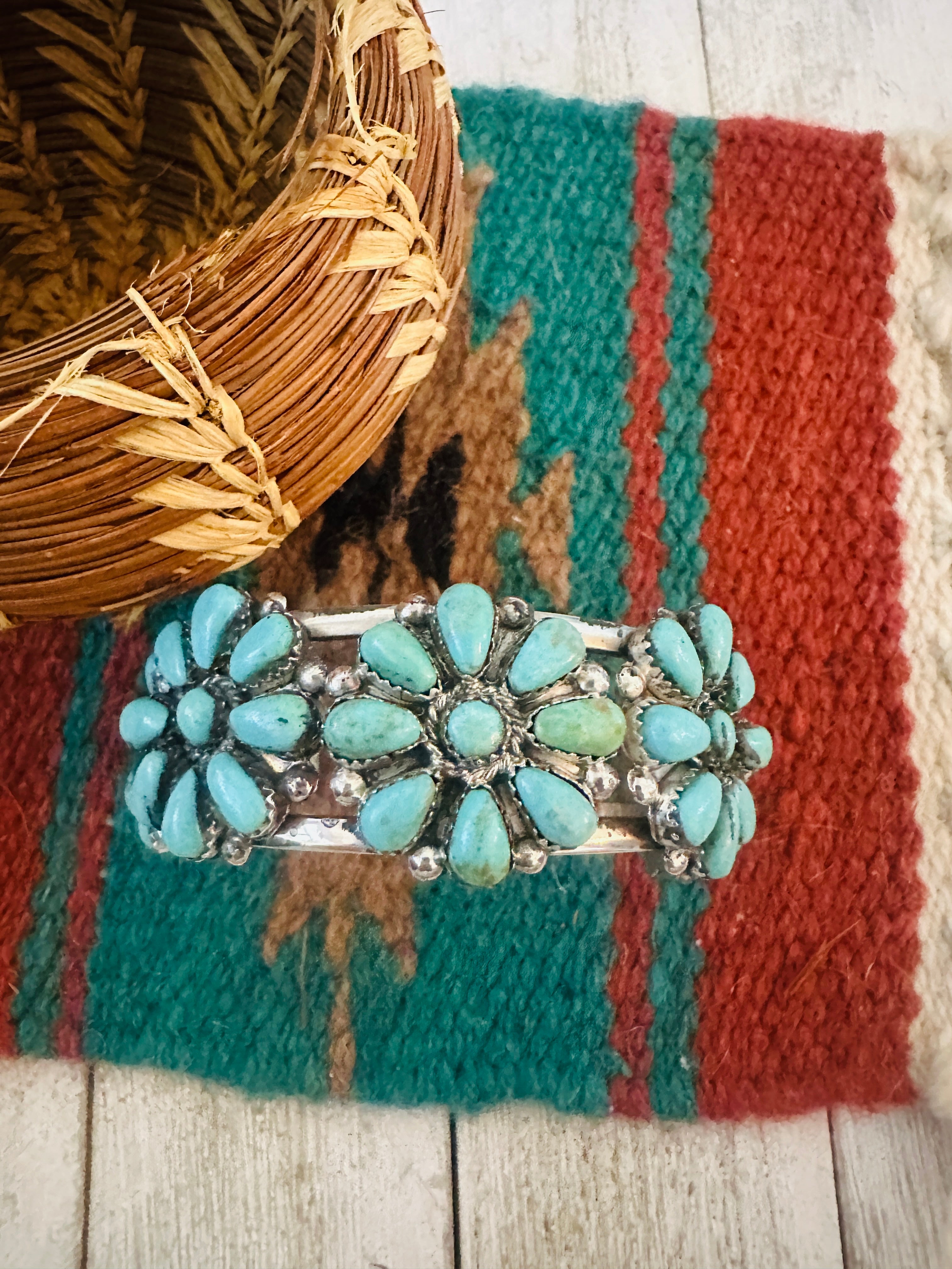 Sterling Silver & Turquoise Cluster Cuff Bracelet /