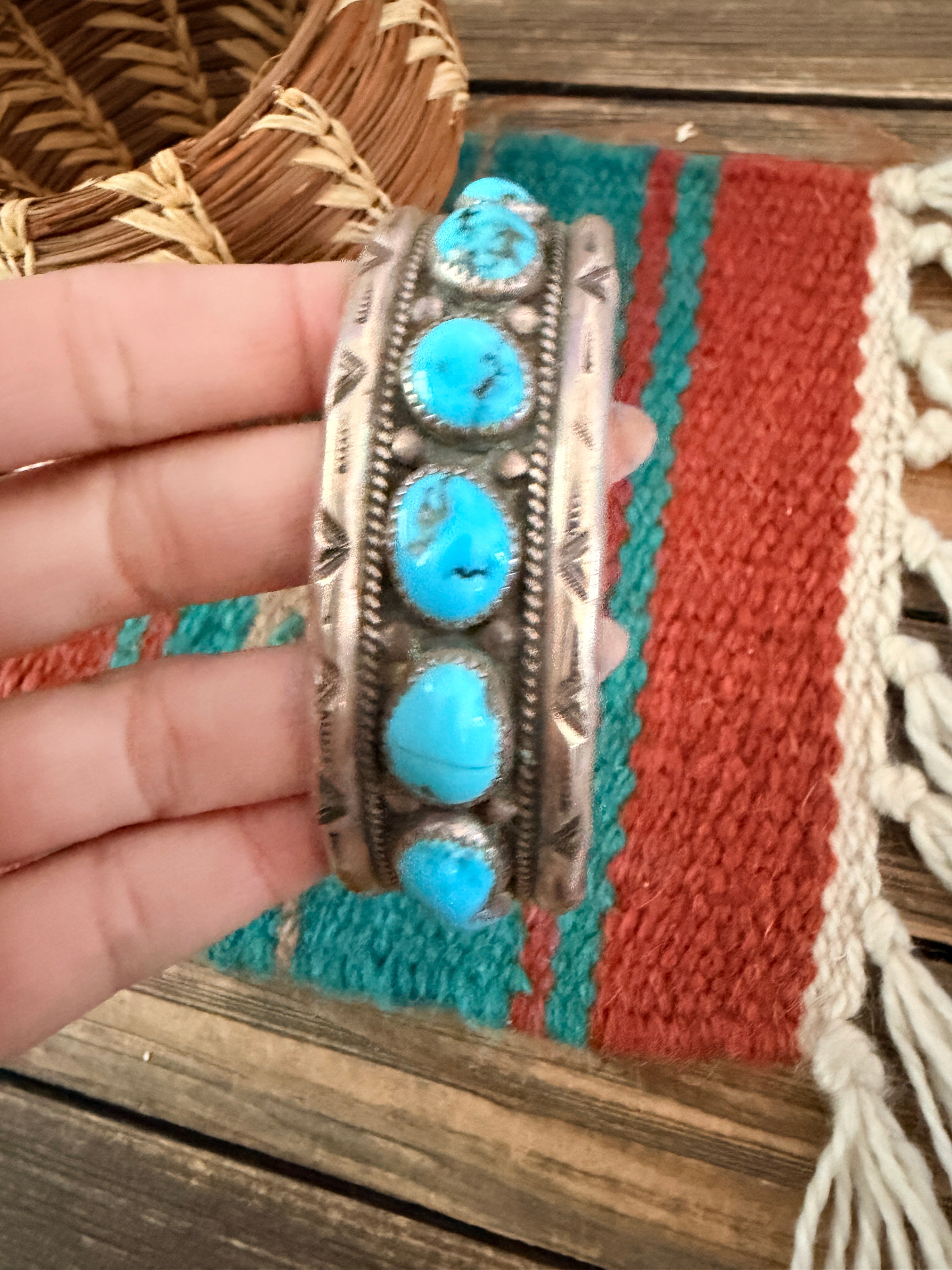 Handcrafted Old Pawn Sterling Silver & Turquoise Cuff Bracelet