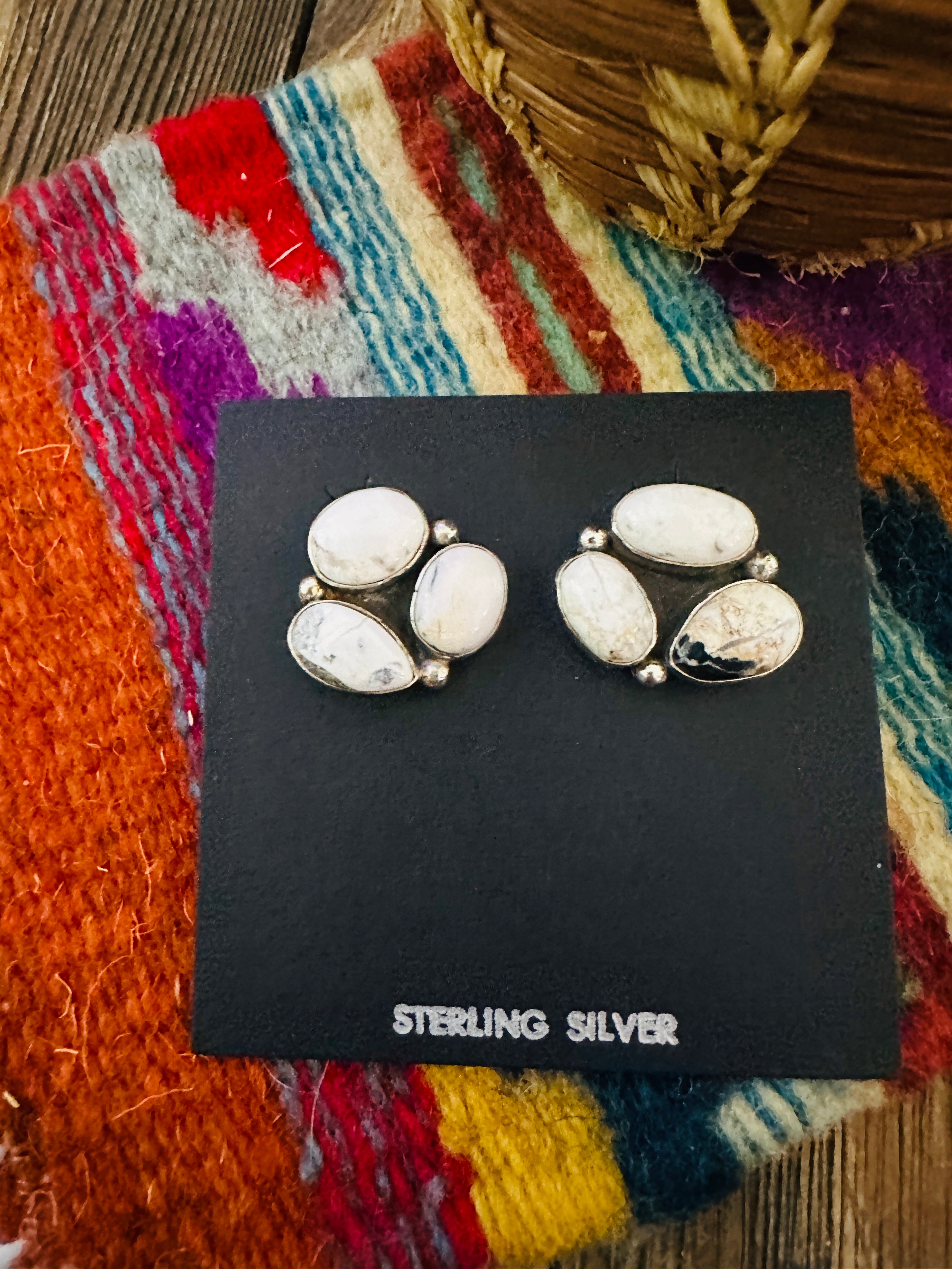 Handcrafted White Buffalo & Sterling Silver Cluster Post Earrings