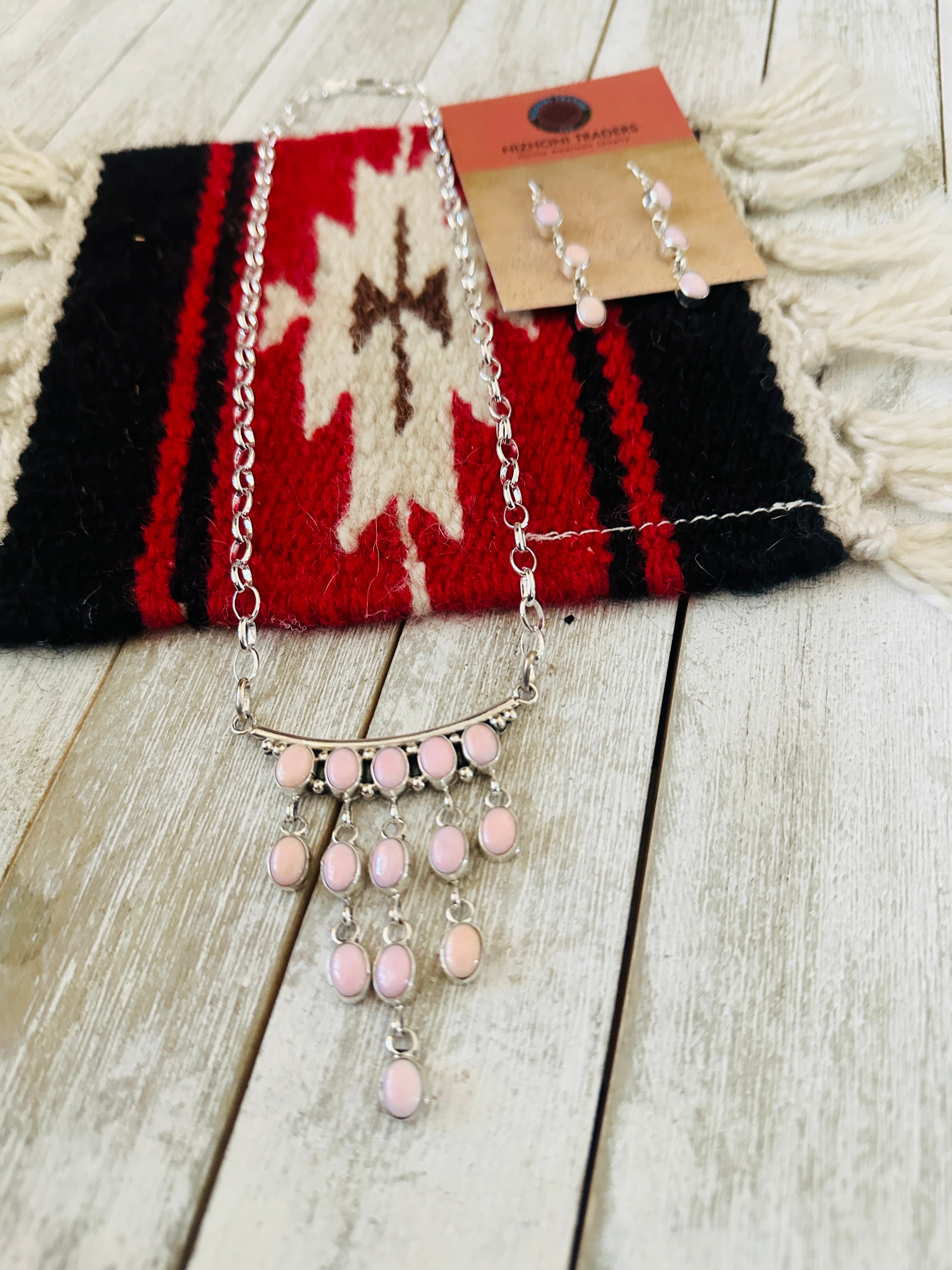 Handcrafted Queen Pink Conch & Sterling Silver Chandelier Necklace Set