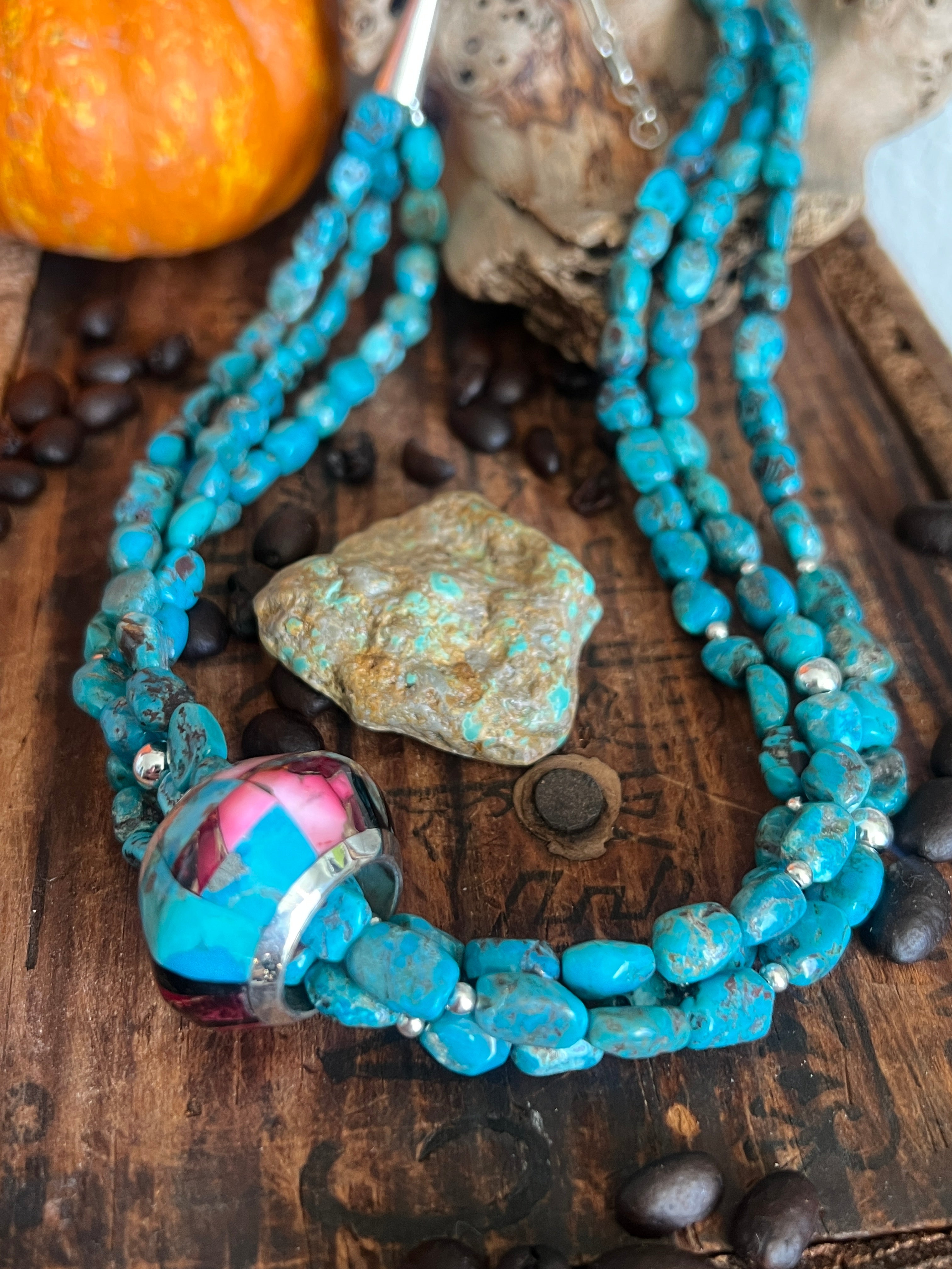 Daniel Coriz Triple Strand Turquoise and Sterling Beaded Necklace w/ Removable Sterling Silver & Stone Inlay Bead