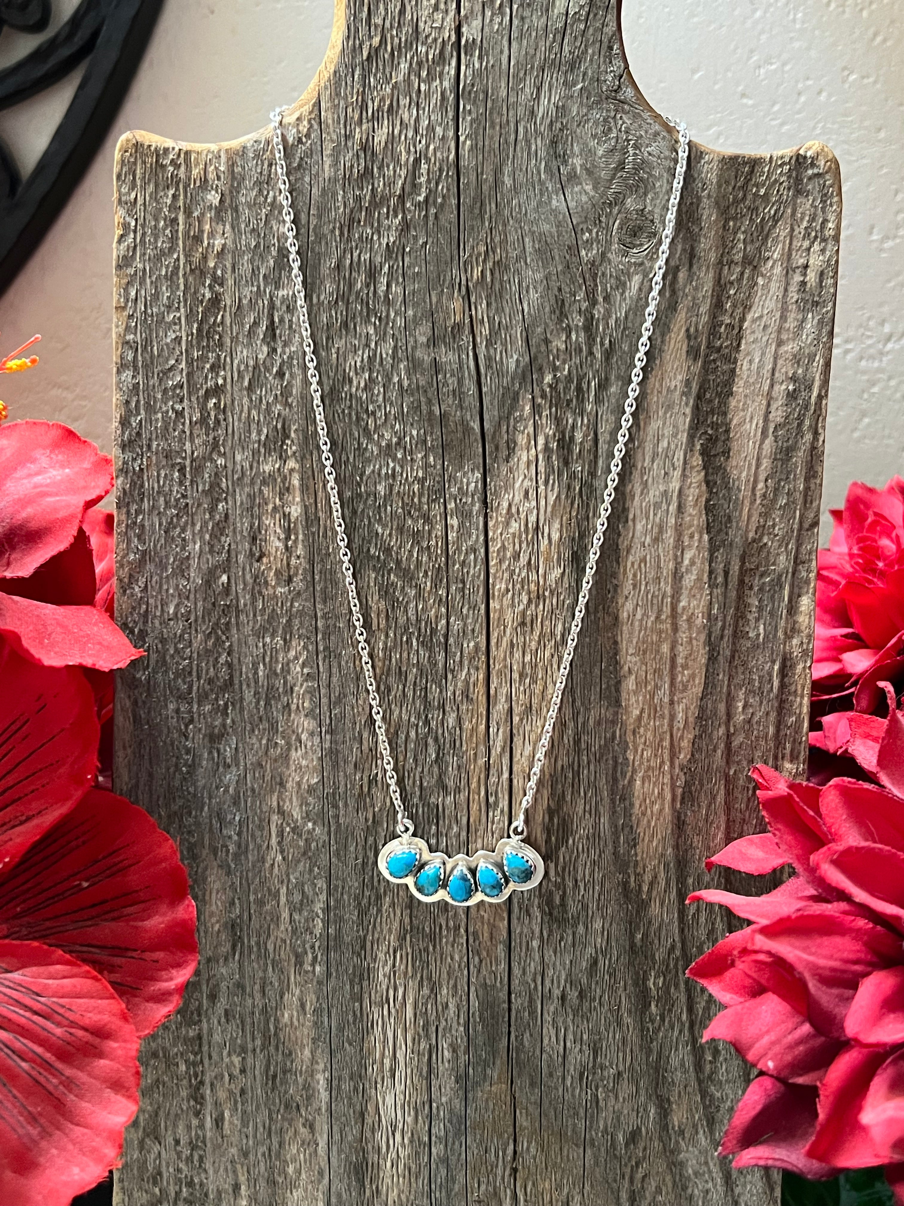 Handmade 5 Stone Turquoise & Sterling Silver Tear Drop Bar Necklace
