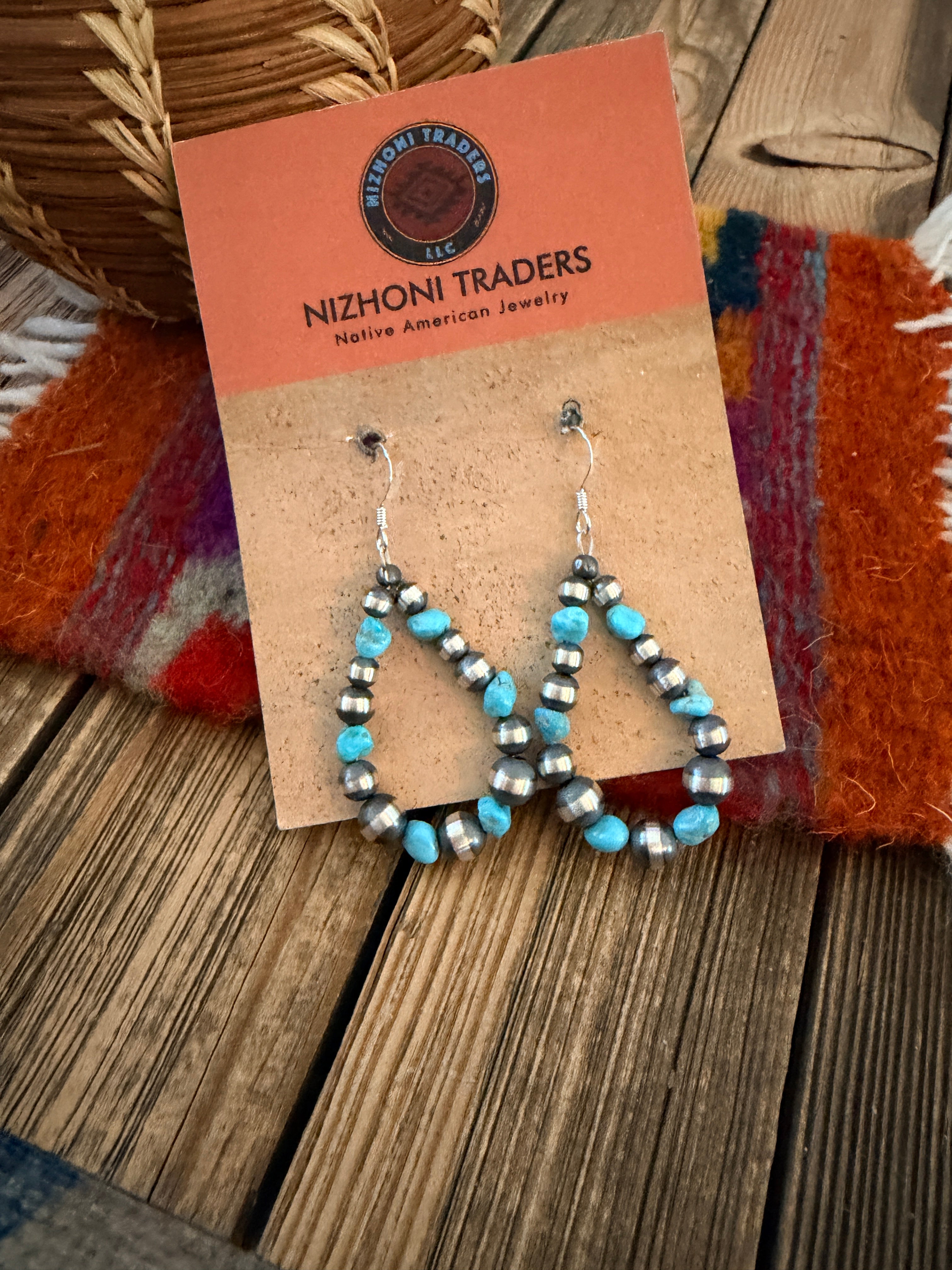 Handcrafted Turquoise & Sterling Silver Pearl Beaded Dangle Hoop Earrings