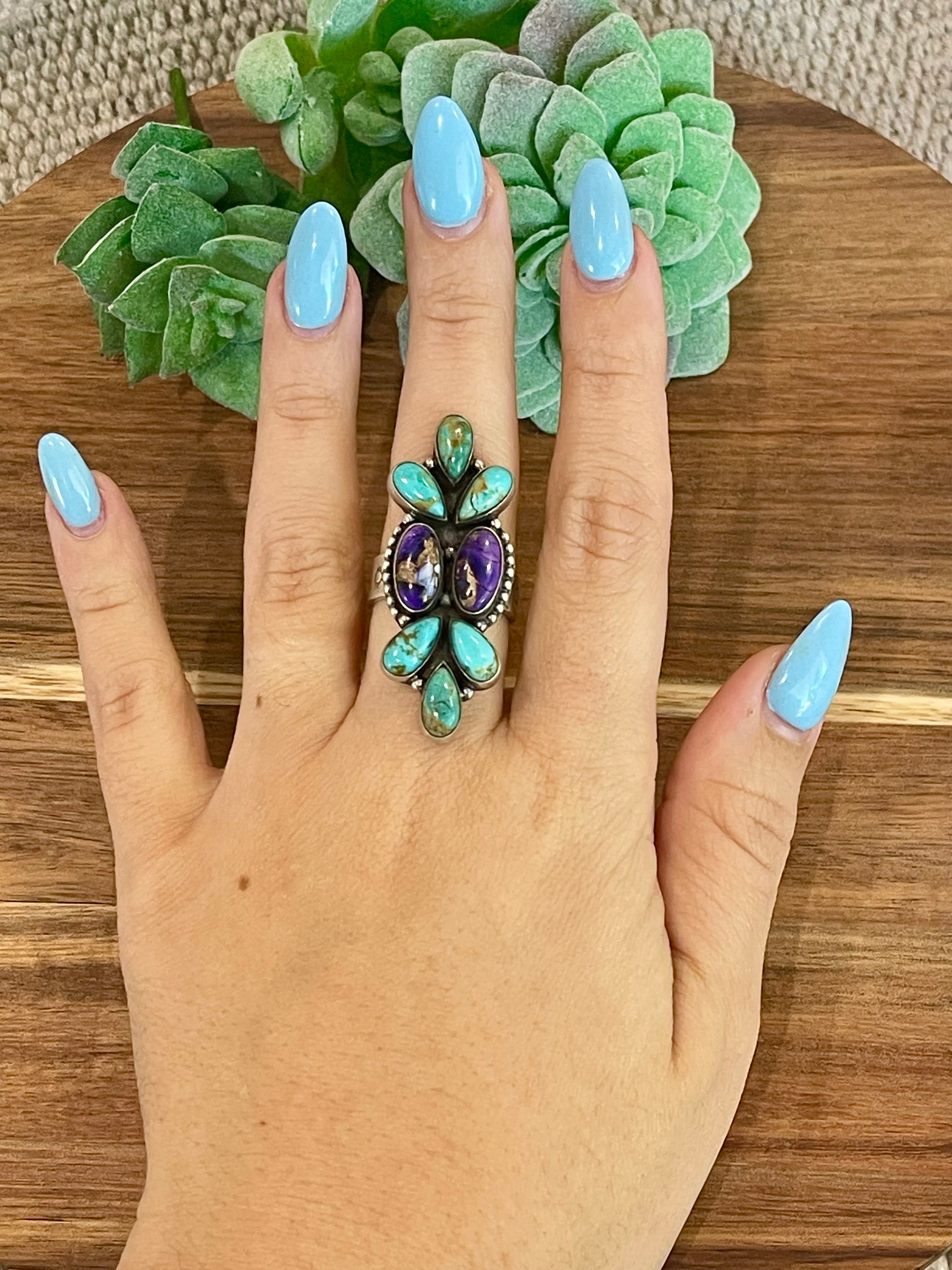 Beautiful Handmade Turquoise, Violet Frost And Sterling Silver Adjustable Ring